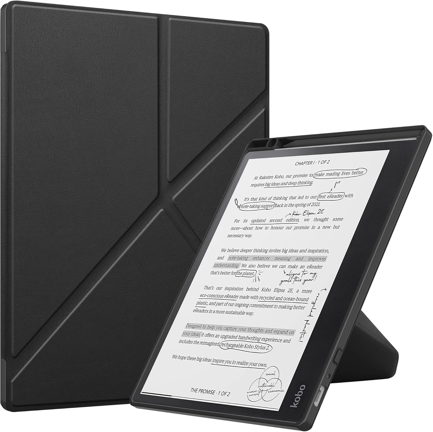Kobo Elipsa 2E (2023) Origami Case, Thinnest Leather Protective Cover for 10.3" eReader, Auto Wake Sleep Feature, Black