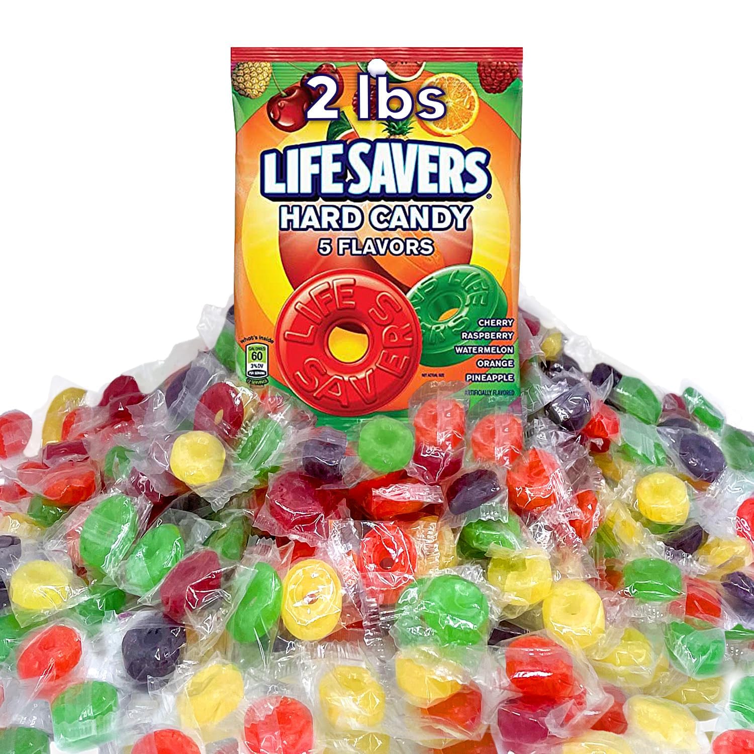 Lifesavrs 5 Flavors Fruit Candy - 2 Pounds Of Approx 240 Pieces Individually Wrapped - Bulk Lifesavrs Hard Candy - Cherry, Raspberry, Watermelon, Orange And Pineapple - Holiday Candy - Bulk Candy Individually Wrapped For Sharing with Family & Frineds - Perfect Snacks For Adults & Kids