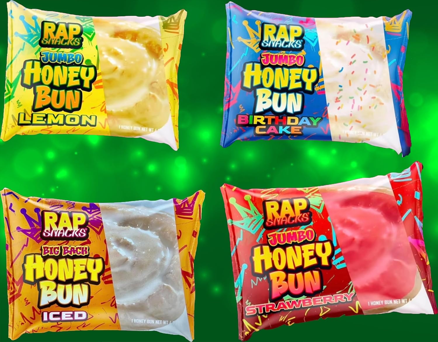 Rap` Snacks Big Back 4 oz Variety Pack Honey Buns; Lemon, Strawberry, Iced, and Birthday Cake. 2 each flavor (Pack of 8)