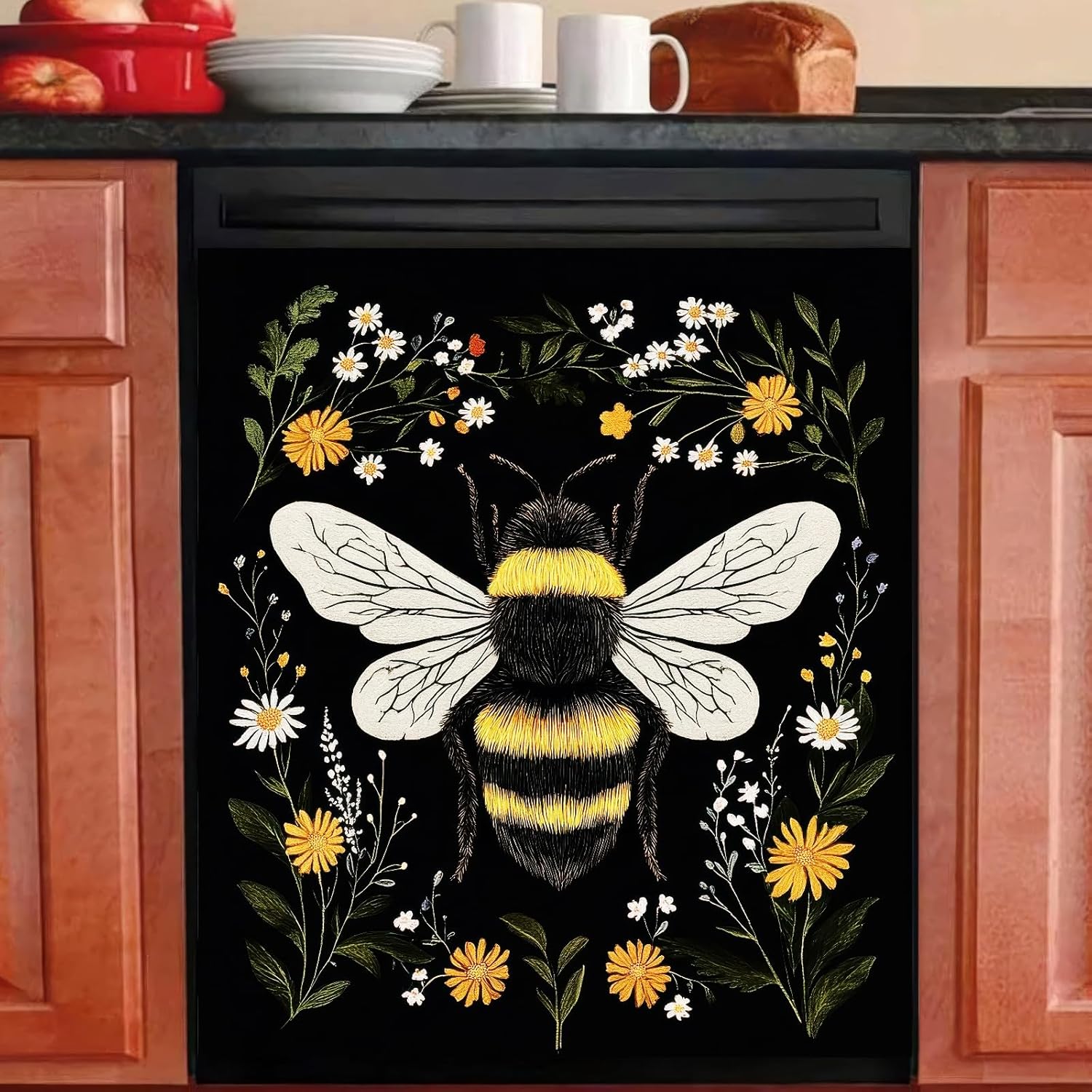 Bee Large Dishwasher Magnet Magnetic Cover 23x26 inch Bee Dishwasher Magnet Decoration Flower Refrigerator Sticker Farmhouse Kitchen Home Appliance Decorative Washer Kitchen Decor