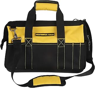 Olympia Tools 16 Inch Wide Mouth Tool Bag, Molded Waterproof Base with 21 Pockets and 7 Belt Loops, Padded Handle, Adjustable Shoulder Strap