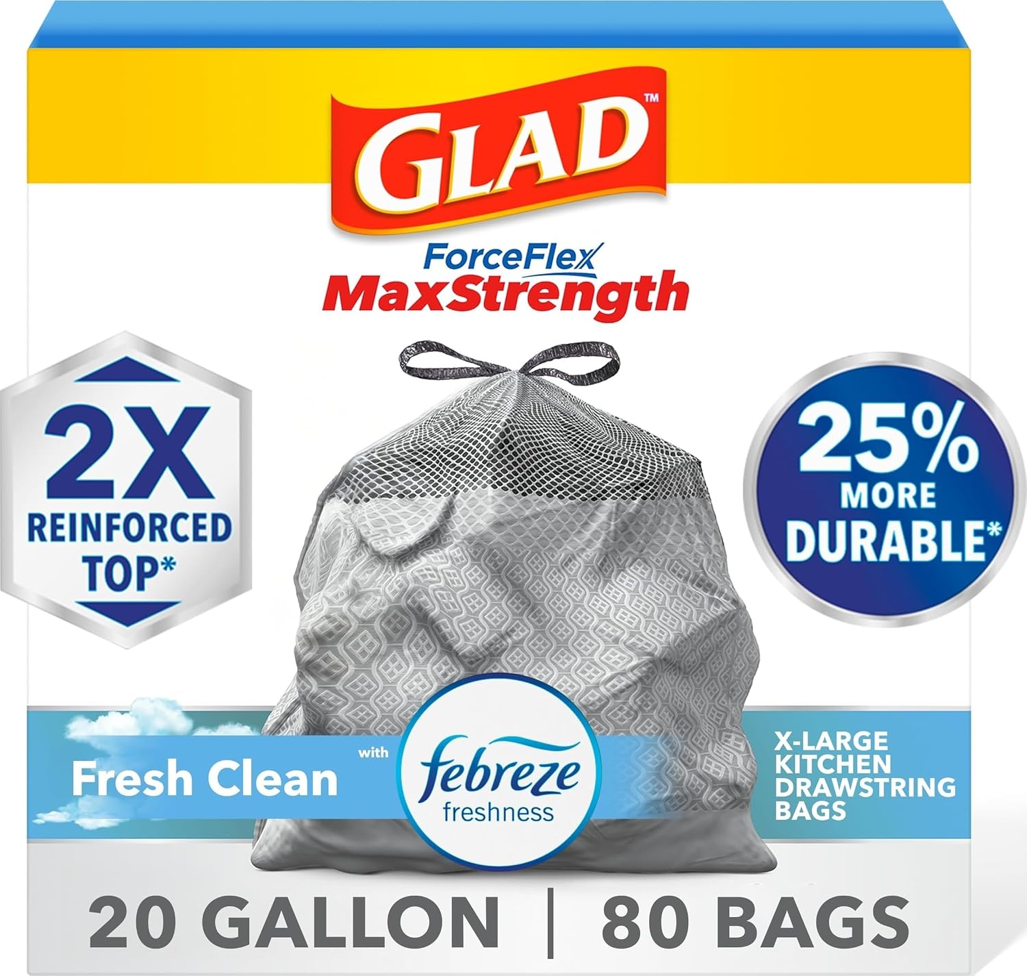 Glad Tall Kitchen Trash Bags 20 Gallon, XL MaxStrength Febreze Fresh Clean Garbage Bags, Drawstring, 80 Count