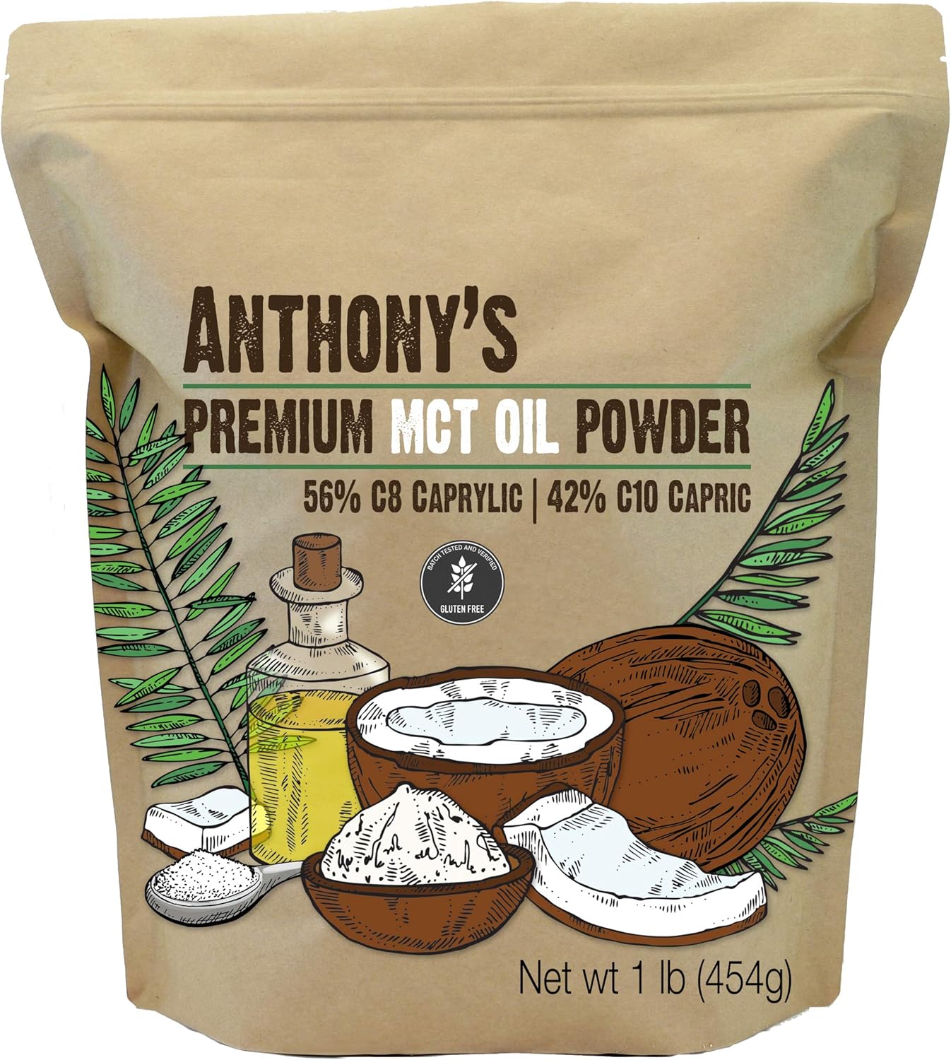 Anthony's Premium MCT Oil Powder 56% C8 Caprylic, 42% C10 Capric, 1 lb, Gluten Free, Non GMO, Keto Friendly