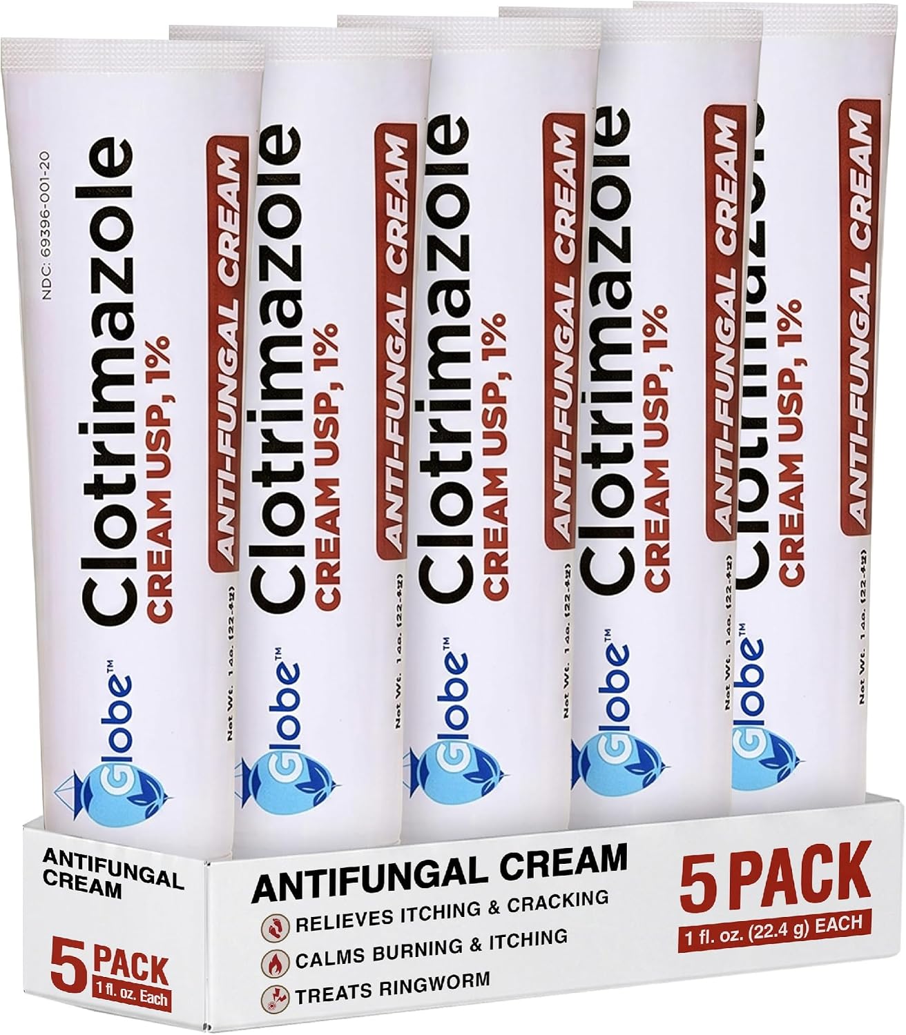 Globe Clotrimazole Cream 1% Antifungal Itch Relief Treatment, 1 oz Tube, 5 Pack