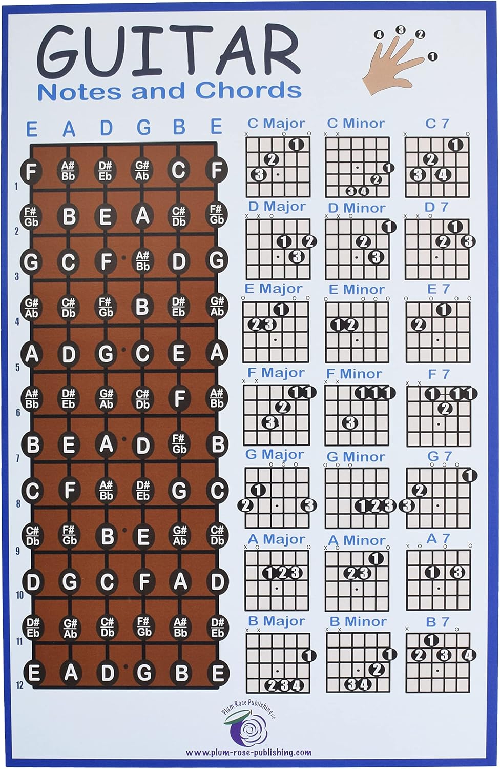 PLUM ROSE Guitar Chord Poster (11x17) - Guitar Chord Chart - Educational Music Poster (Blue)