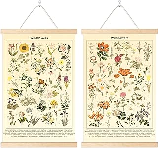 Chenkaiyang 2 Pcs Vintage Hanging Poster,Flowers Wall Hanging Botanical Rustic Retro Wall Art Prints Flower Chart Posterfor Living Room Decor,12.7 X 21.6 Inch