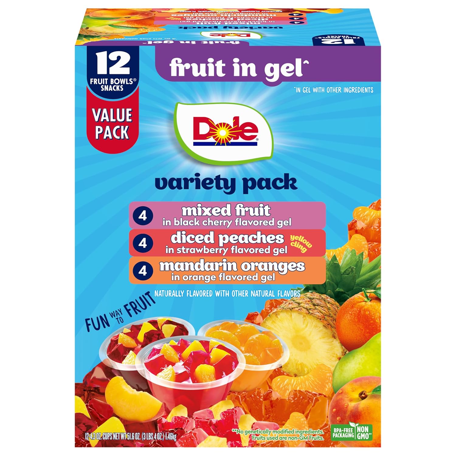 Dole Diced Peaches, Mandarin Oranges & Mixed Fruit, 4.3 oz Bowls, 12 Pack
