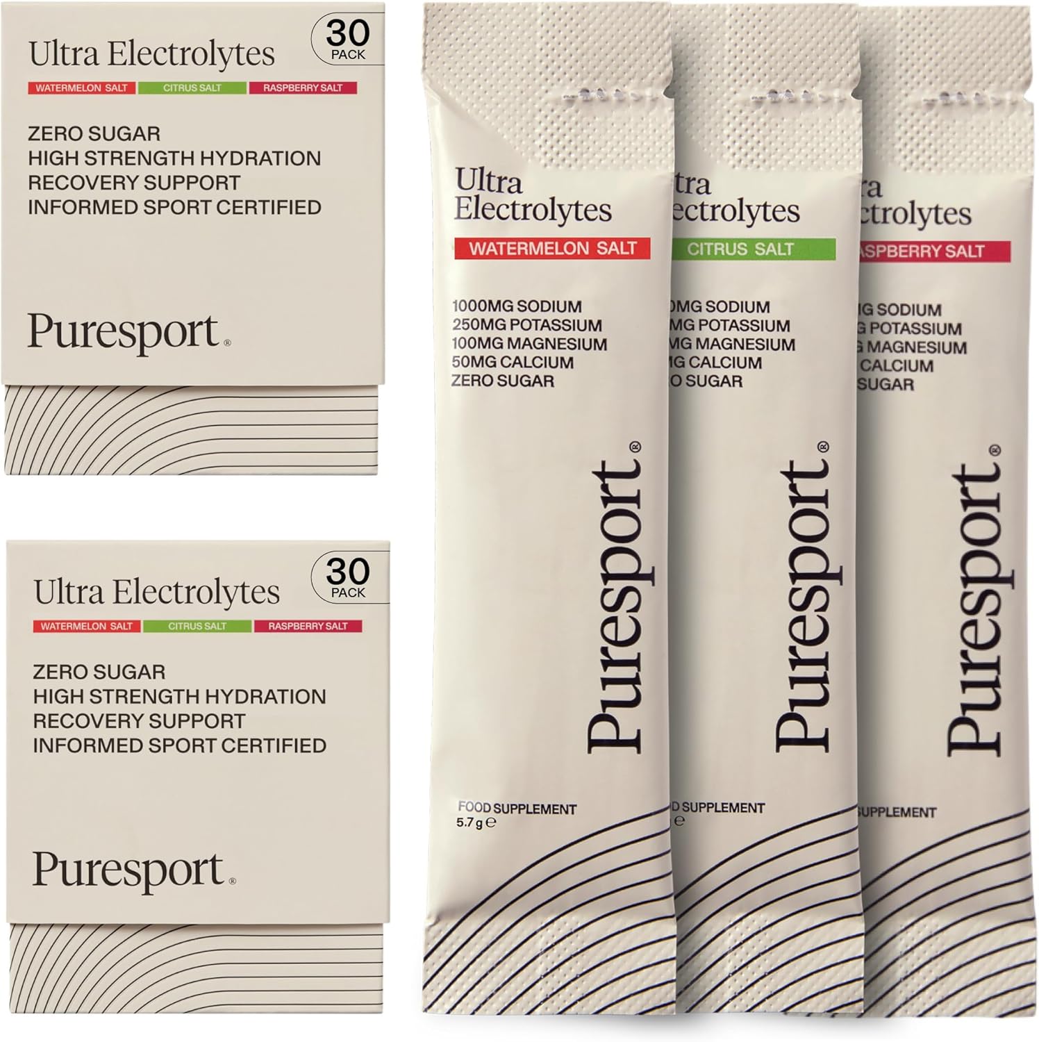 Puresport Ultra Electrolytes Hydration Variety Pack (60 Pack) | Watermelon, Citrus & Raspberry Salt/20 Electrolyte Sachets of Each | Sugar Free Electrolytes Powder | Optimise Hydration/Support Muscles