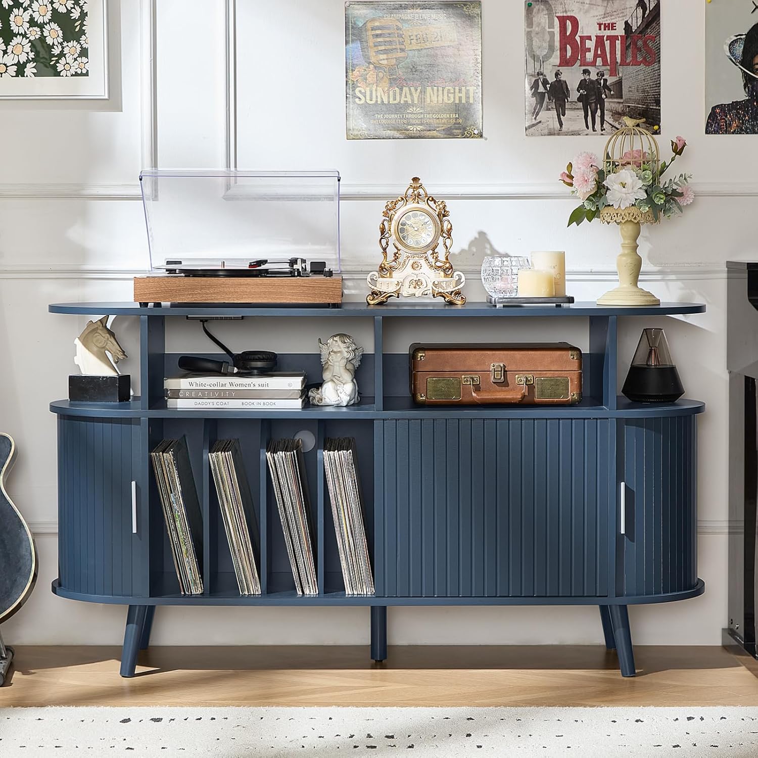 LELELINKY Large Round Record Player Stand with Charging Station & Fluted Panel, Blue Mid Century Modern Turntable Cabinet with Vinyl Storage, Arched Wood Record Player Table for Living Room