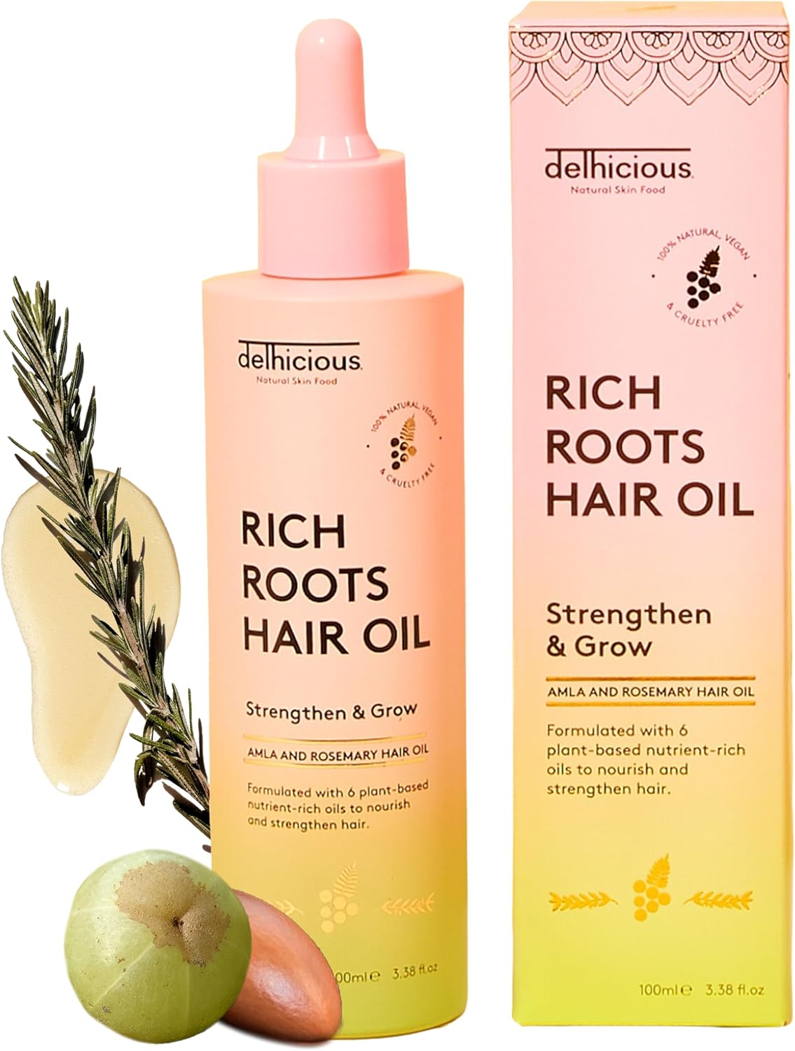 Delhicious Amla Hair Oil & Rosemary Oil for Hair Growth - Rich Roots Hair Loss Treatment for Thinning Hair - Dry Scalp Treatment with Argan Oil - Ayurveda Scalp Oil - Vegan, Sulphate Free - 100ml