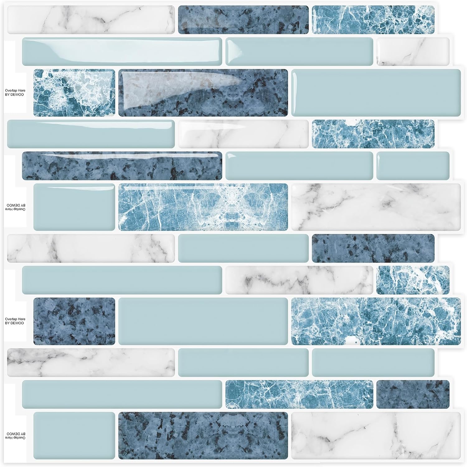 DEWOO 3D Peel and Stick on Wall Tiles Self Adhesive Sticky Splashback Strip for Kitchen,Blue 10-Sheet (12"x 12")