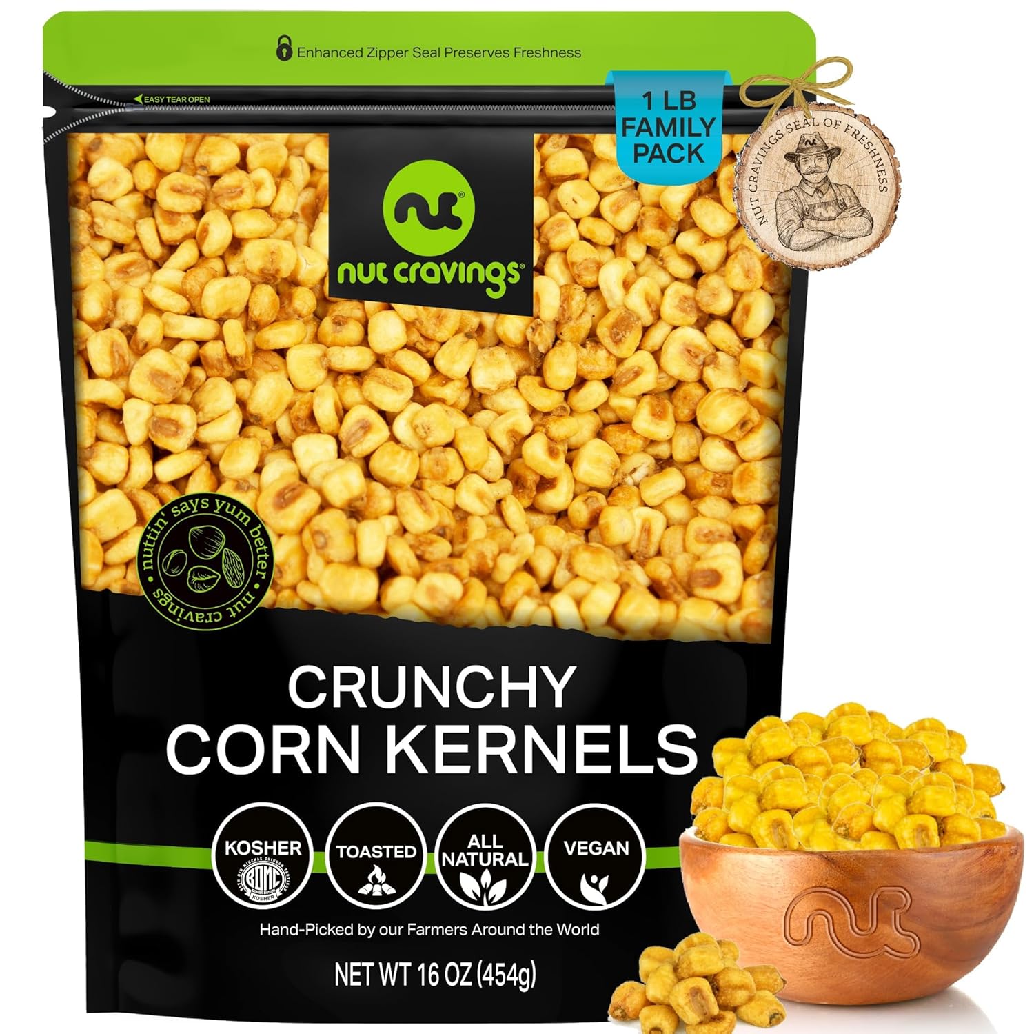 NUT CRAVINGS - Toasted Crunchy Corn Kernels - Original Flavor Roasted & Salted (16oz - 1 LB) Packed Fresh in Resealable Bag - Healthy Snack, Protein Food, All Natural, Vegan, Kosher