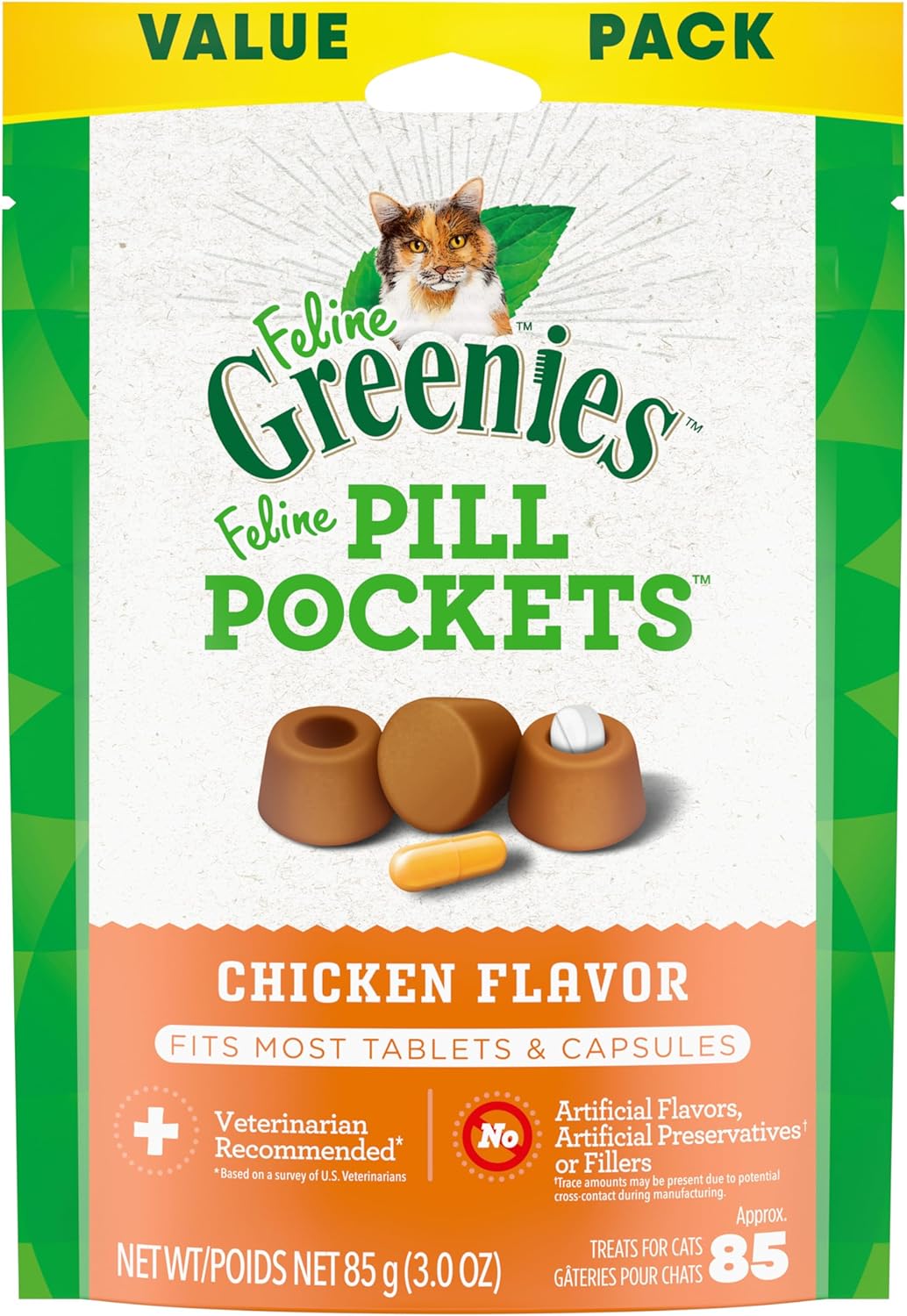 FELINE GREENIES PILL POCKETS for Cats Natural Soft Cat Treats, Chicken Flavor, 3 oz. Pack (85 Treats)