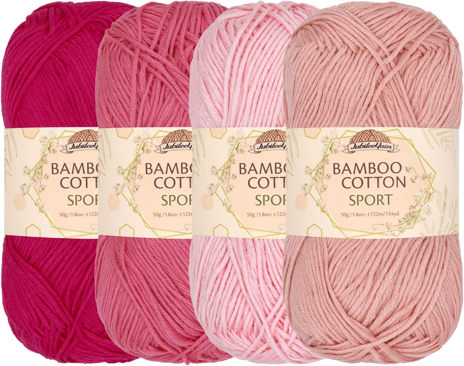 JubileeYarn Bamboo Cotton Sport 4 Ply Yarn - 50g/Skein - Shades of Pink - 4 Skeins