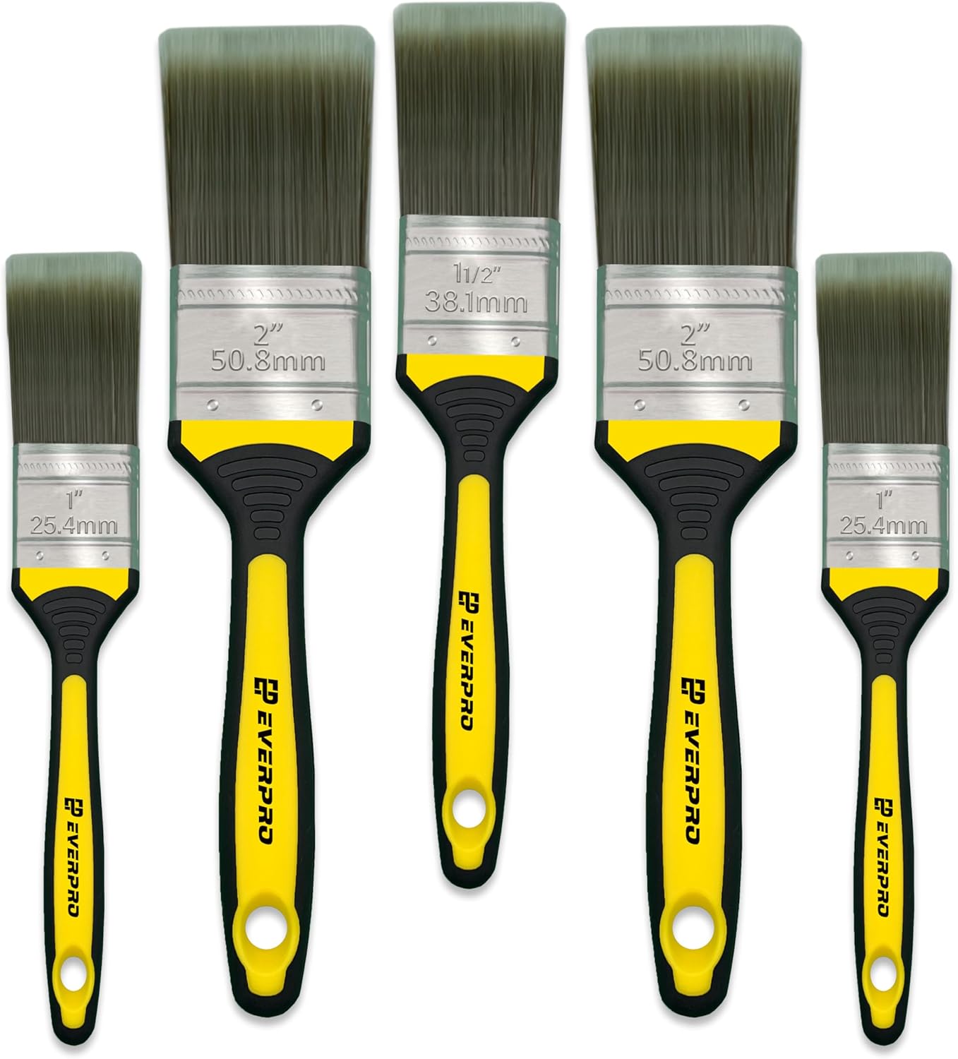 EVERPRO Premium 5 Pcs Wall Paint Brushes Set - Durable & Professional-Grade Painting Brushes for Smooth Finish, Easy to Clean, Perfect for Interior Decoration & Exterior Painting 2x 2, 1 x 1.5, 2x 1