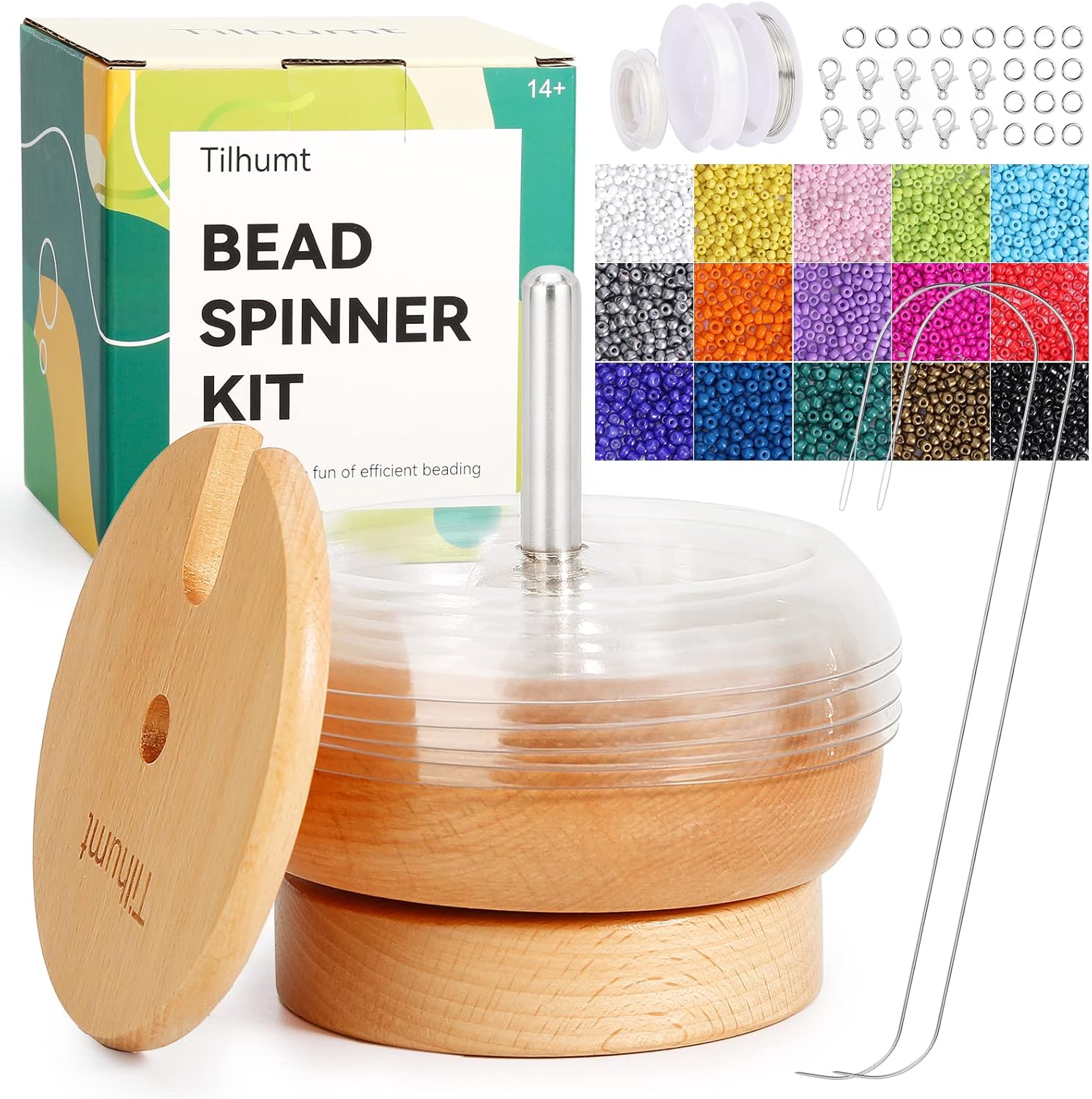 Tilhumt Bead Spinner Kit with 5 Quick Changed Bowls, 4.4" Clay Bead Spinner with 15,000 Beads (15 Colors) and 2 Big Eye Needles, Beading Supplies for Jewelry Making