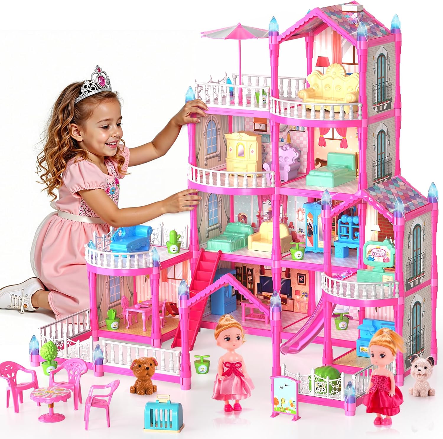 Doll House Toys for Girls, Dollhouse with Glow in The Dark, Kids Doll House Playset with 4-Story 14 Play Areas, 2 Dolls, Toy Dogs, Dollhouse Accessories and Furniture, Princess Toy Gifts