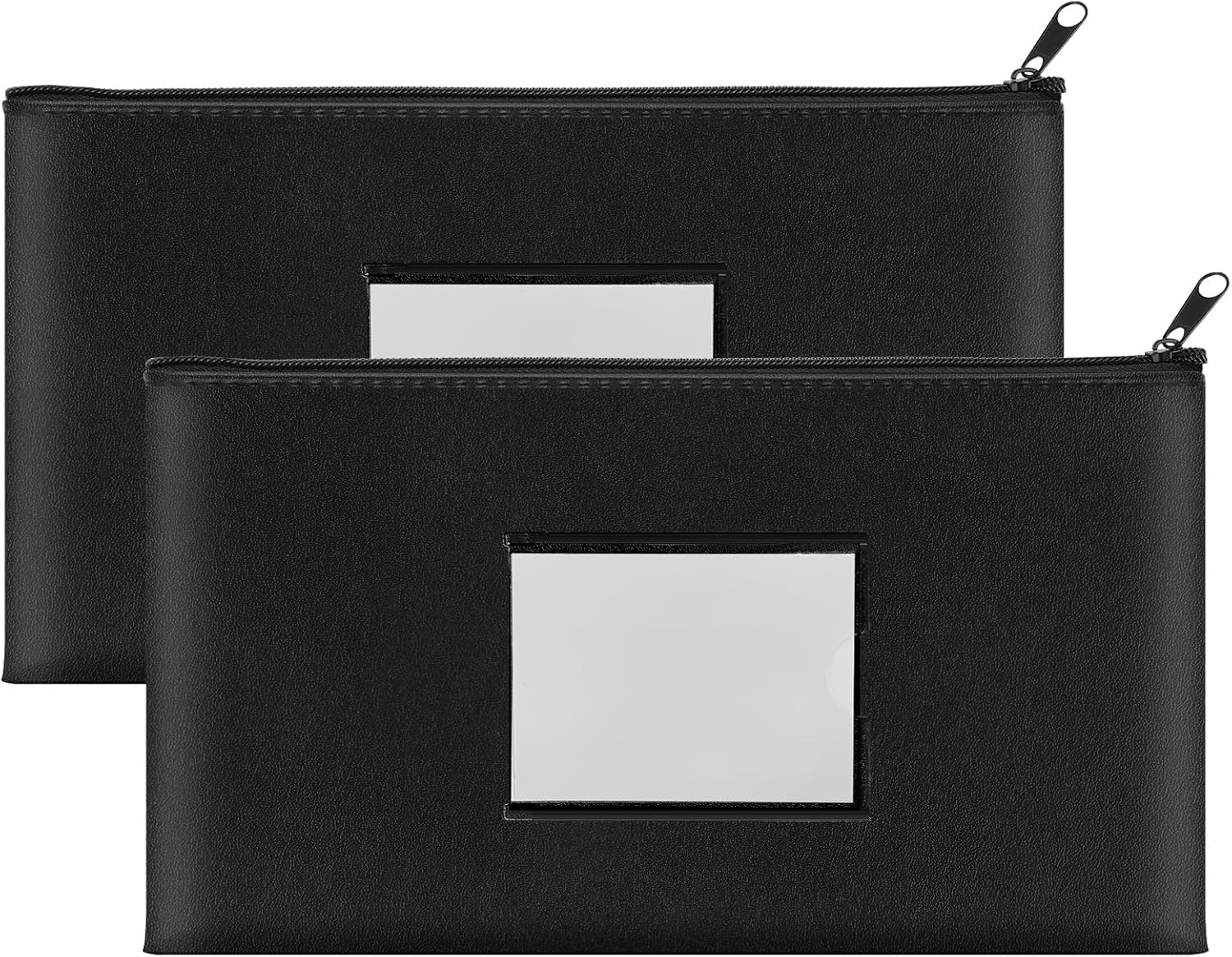 2 Pack Money Bags with Zipper, Bank Pouch with Label, 11 x 6.1 Inch PU Leather Cash Deposit Holder for Coins, Invoice, Bills, Cosmetics, Tools (Black)