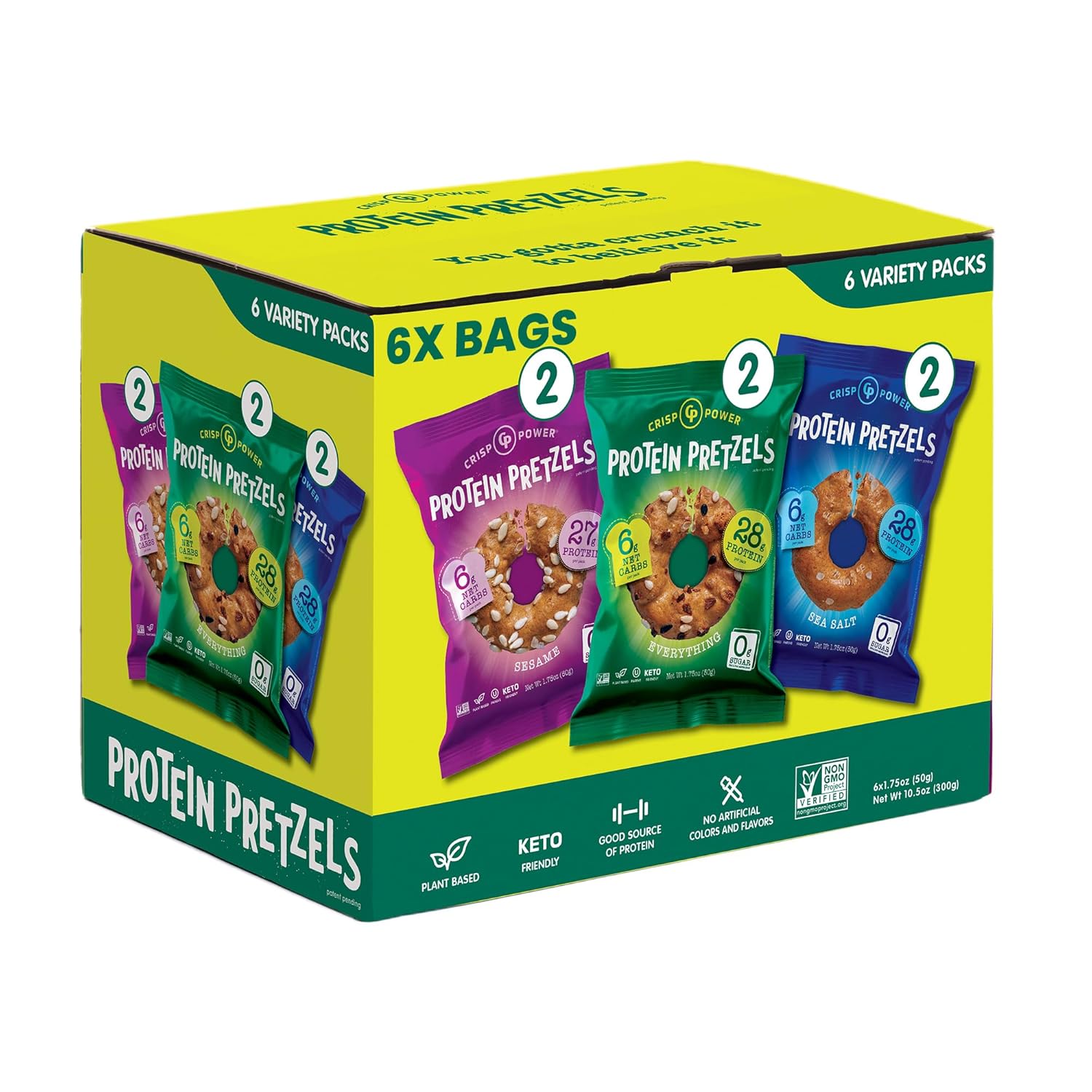 Crisp Power High Protein Pretzel Crisps - 6 Pack x 1.75 oz Crunchy & Flavorful Plant-Based Snack. No Sugar, 28g Protein Per Pack in 3 Savory Flavors, Vegan, Keto Friendly, Non-GMO, Kosher Non-Dairy (1.75 Ounce (Pack of 6), Mix)