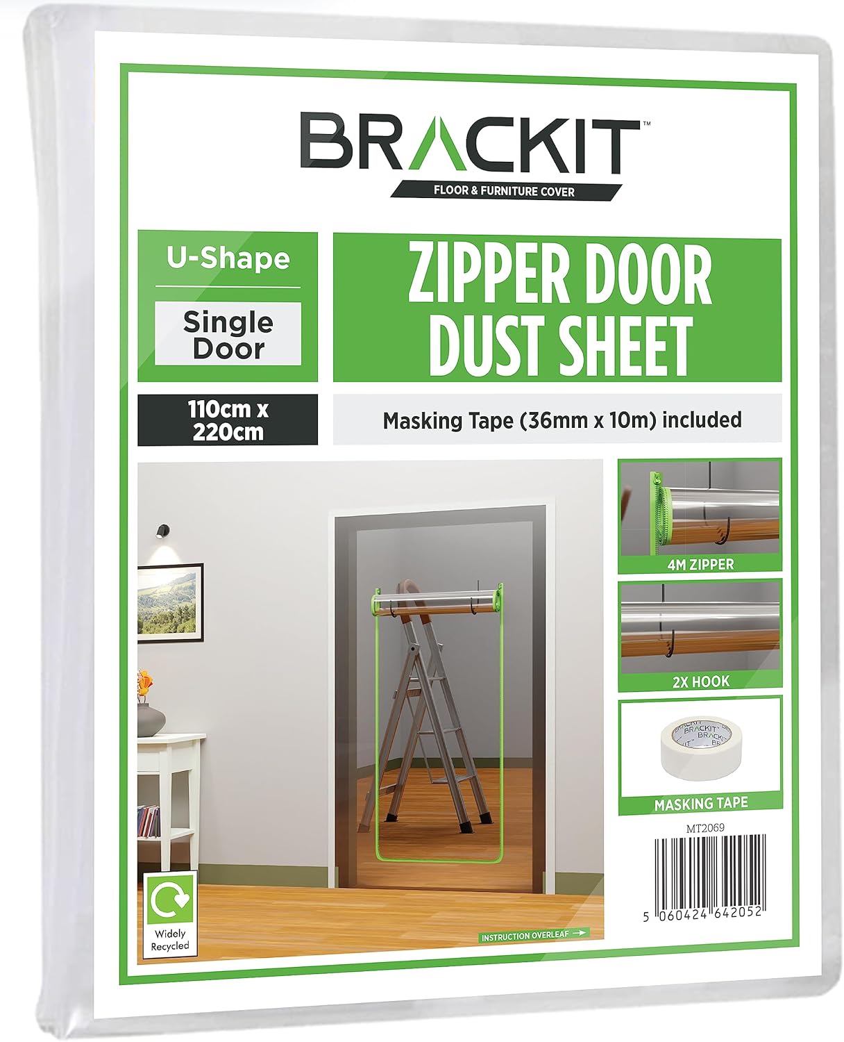 brackit U Shape Zipper Door dust Sheet with pre-Assembled 4m Zipper. 100cm x 220cm (1m x 2.2m) with Masking Tape 36mm x 10m