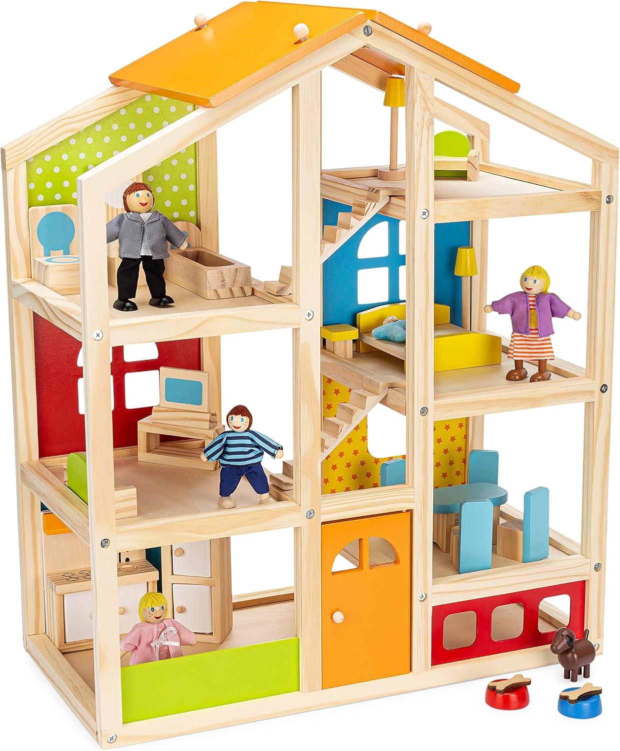 PIDOKO KIDS Skylar Wooden Dollhouse - Includes 20 Pcs Furniture Accessories, 5 Family Dolls and a Pet Dog - Wood Doll House for 3 4-5 Year Old Girls & Boys