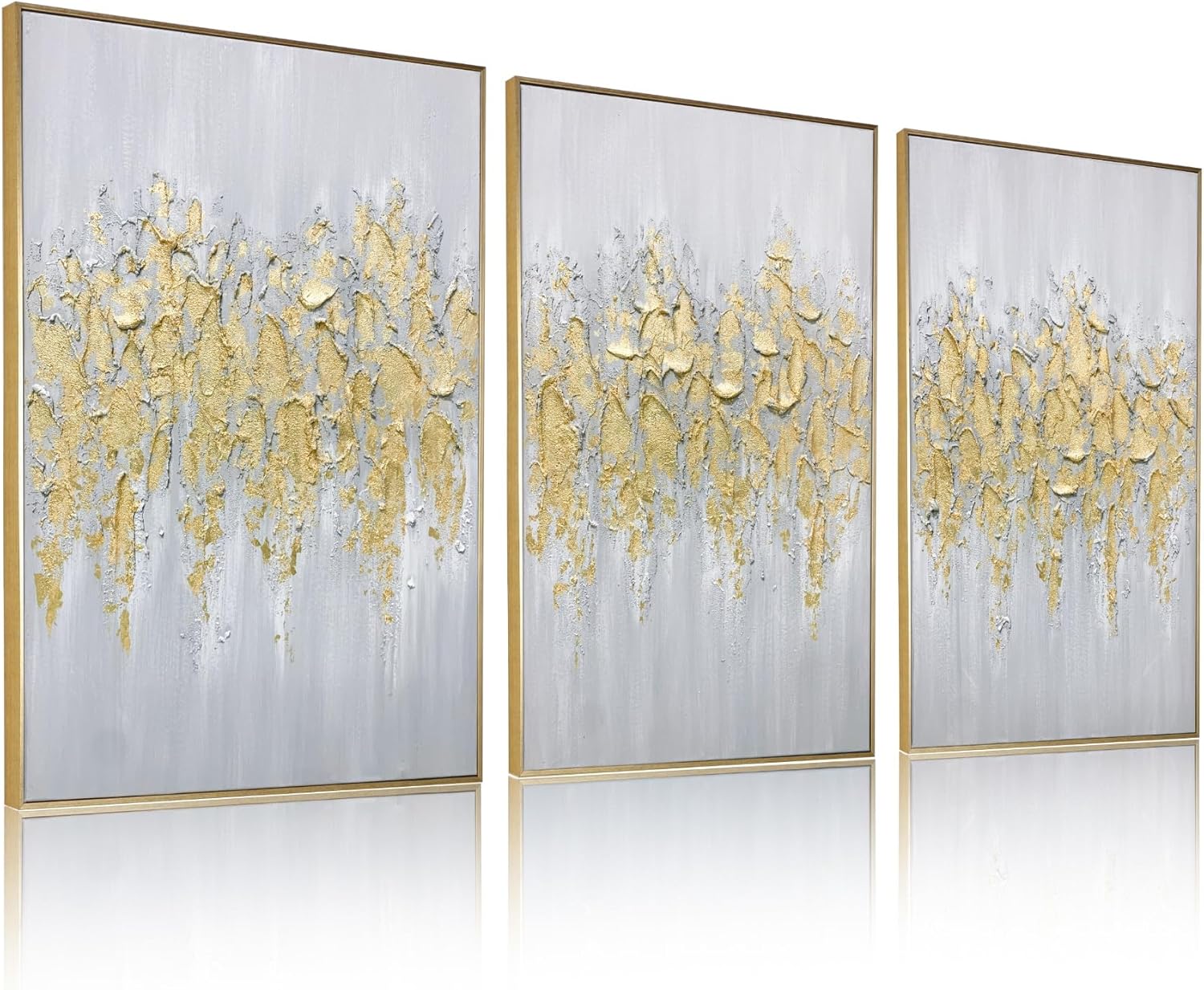 Zessonic Abstract Wall Art For Living-room: Framed Glam Gold Hand-Painting Canvas Art for Bedroom Decor Glitter Abstract Artwork for Modern, Contemporary Decor, (Set of 3, 24 x 36 Inches for Each)