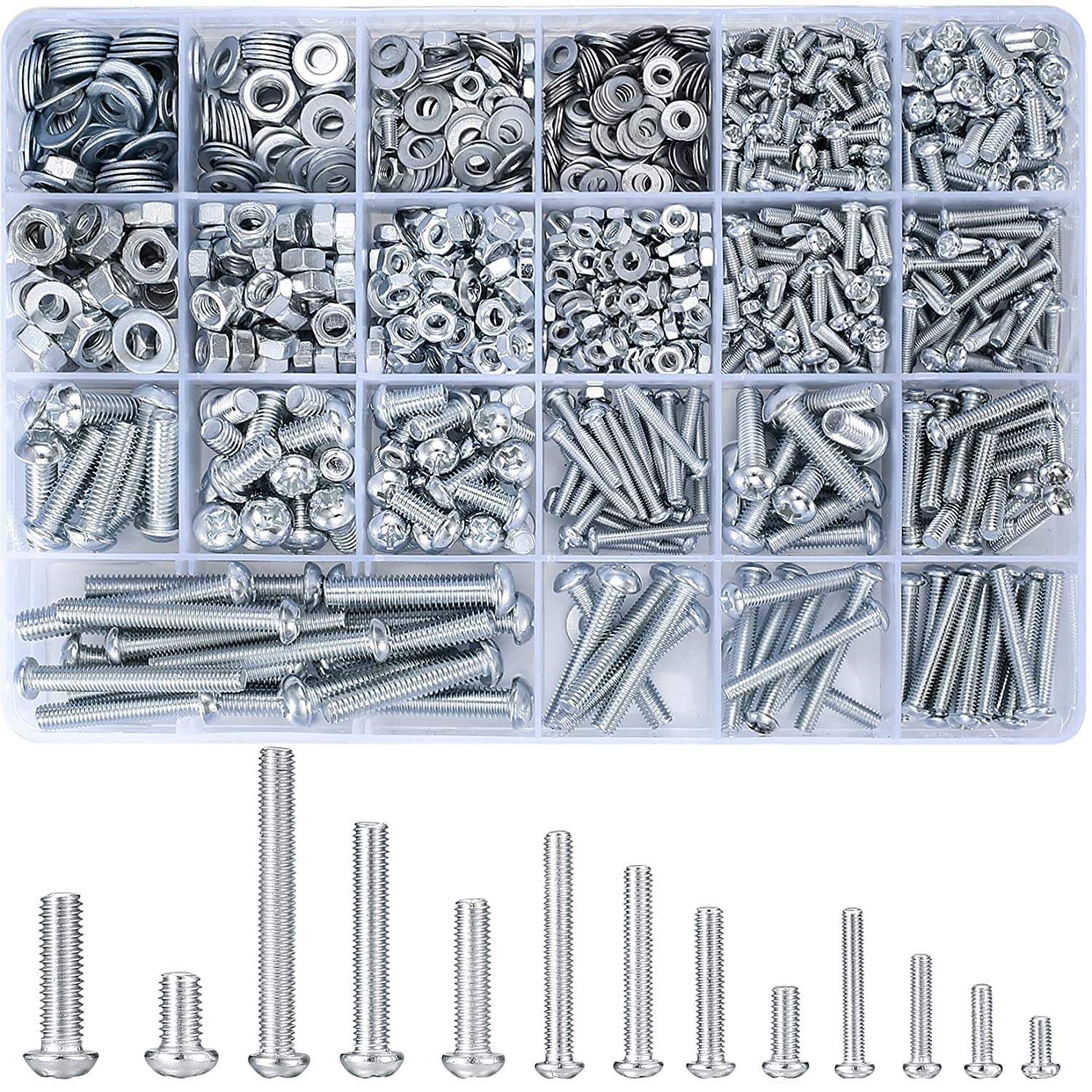 1080 Pcs Screws Bolts and Nuts Assortment Kit, Metric Machine Screws and Nuts and Flat Washers, M3/M4/M5/M6 Cross Slotted Round Head Bolts Sets (C)
