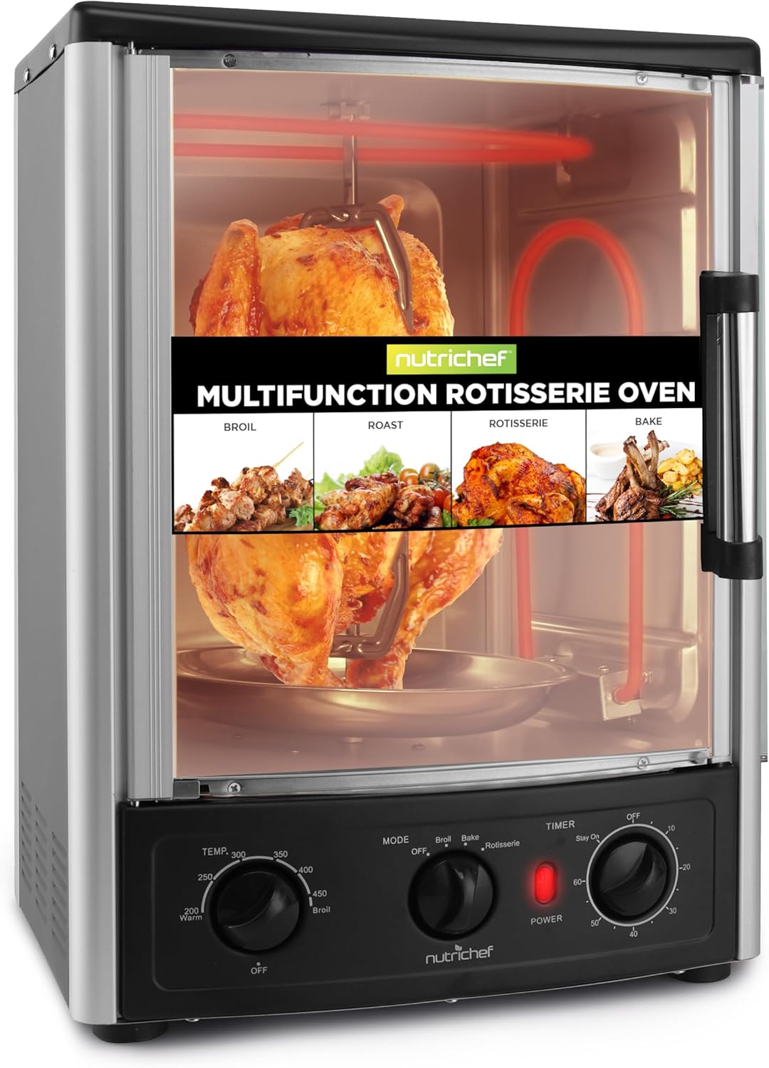 Nutrichef Vertical Countertop Oven with Rotisserie, Bake, Broil, & Kebab Rack Functions - Adjustable Settings - 2 Shelves - 1500W - Thanksgiving Turkey - Includes Grill, Kebab skewer racks & bake pan