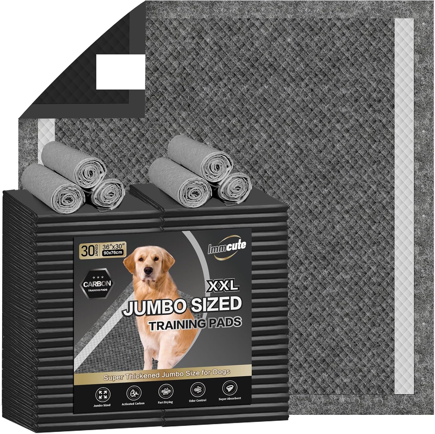 IMMCUTE Dog Pee Pads Extra Large 30"X36", 30 Count, Charcoal Puppy Pads, Absorbent Pads & Fast Drying Potty Pads for Dogs with Adhesive Strip, Disposable Pee Pads , Idea for Pet Training, Jumbo Size