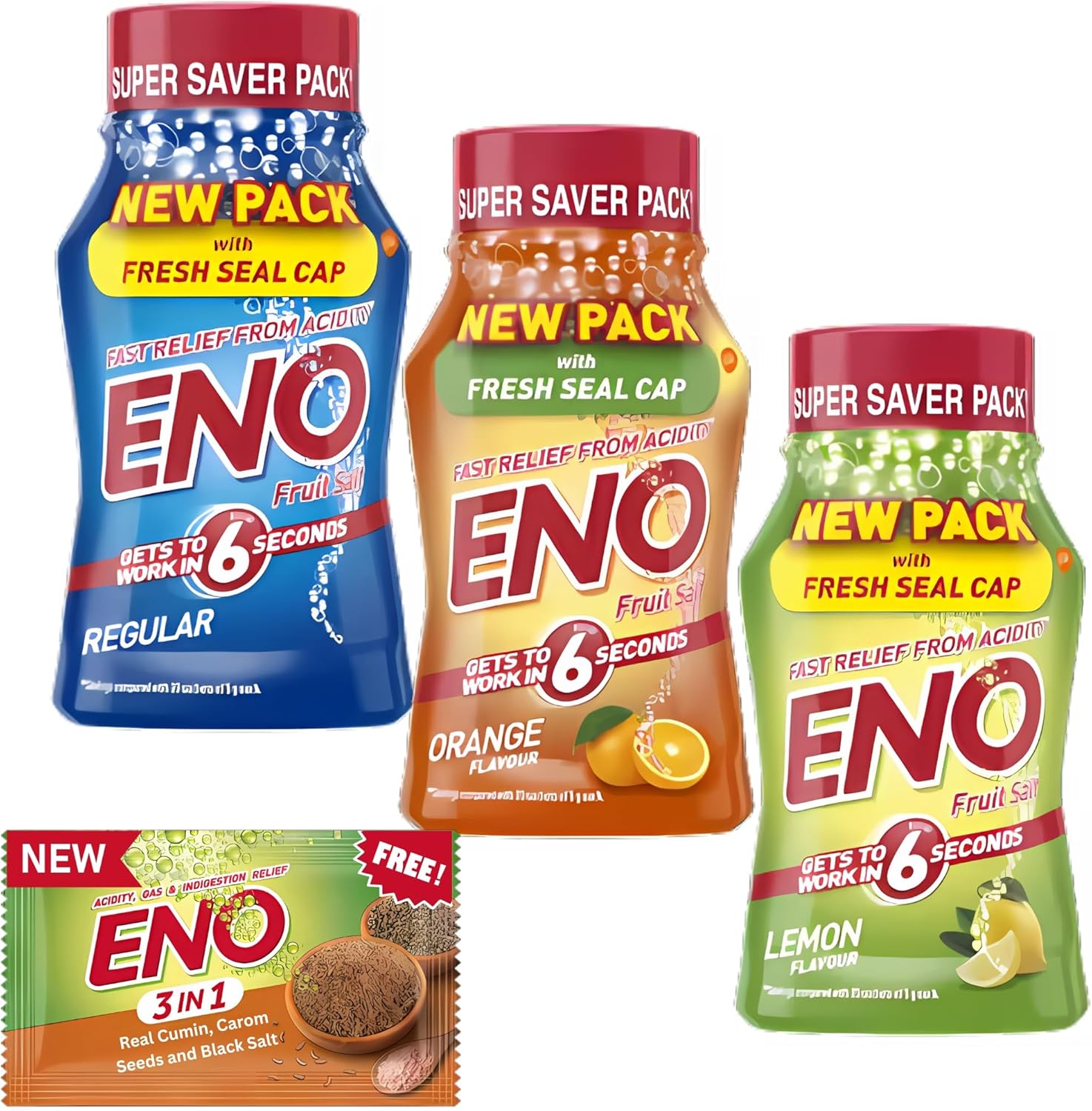 EnoFast Relief Fruit Salt Bottles | Acidity, Gas and Indigestion Relief Antacid Regular, Lemon and Orange Bottle | 100g Pack of 3 with 3 in 1 Sachet |