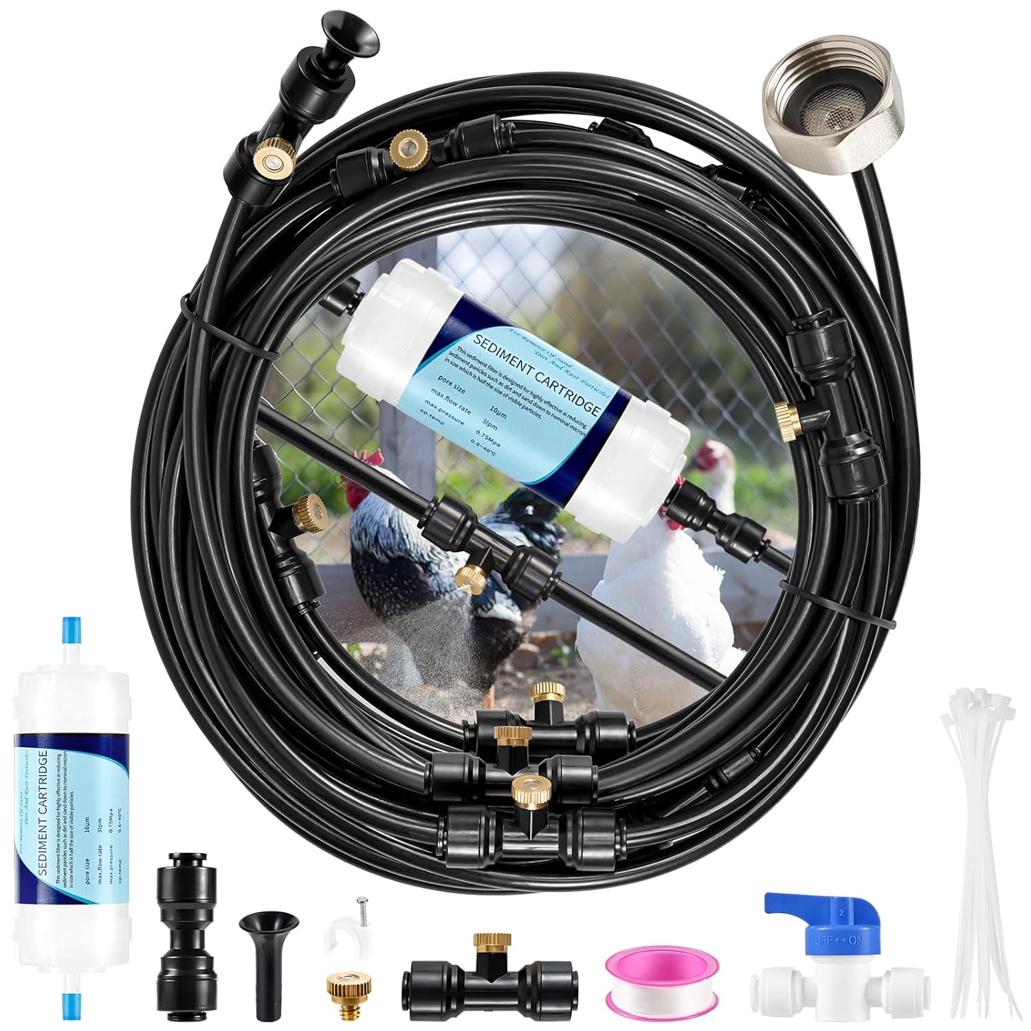 Chicken Coop Misting Cooling System with Water Filter,33ft Misting Line,10 Brass Mist Nozzles,3/4" Adapter,Pre-Installed Outdoor Misters for Chicken Coop,Patios,Garden Greenhouse,Trampoline,Backyard