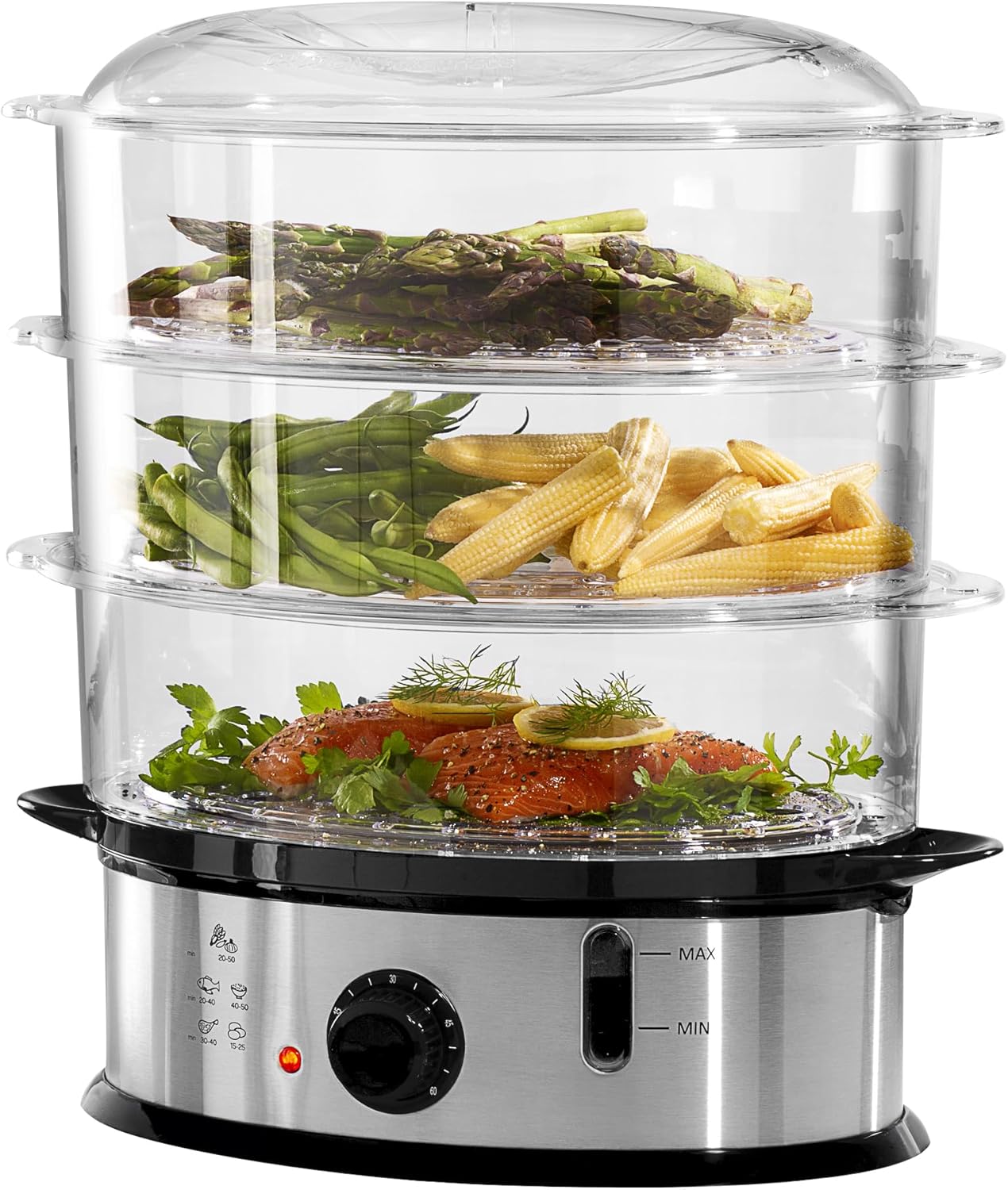 Daewoo 3 Tier Food Steamer – 1200W Electric Steamer with Timer, Rice Bowl & 3 Stackable Baskets – Easy Clean, Ideal for Meat, Fish, Vegetables, and Rice – 60-Min Run Time
