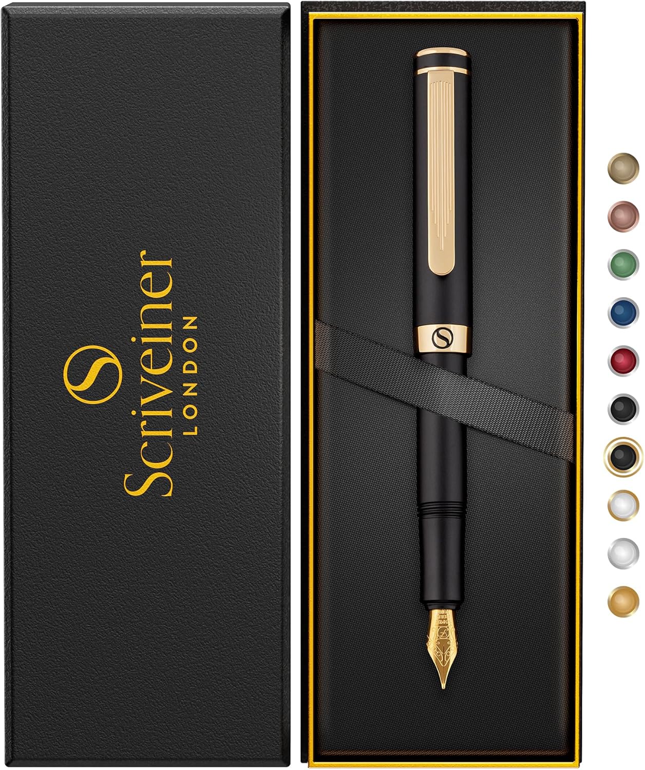Scriveiner Luxury EDC Fountain Pen (Fine), Stunning Black Pocket Pen with Real Gold Finish, Schmidt Gilded Nib, Ink Converter, Best Writing Gift Set for Men & Women, Nice Fancy Office Designer Gift