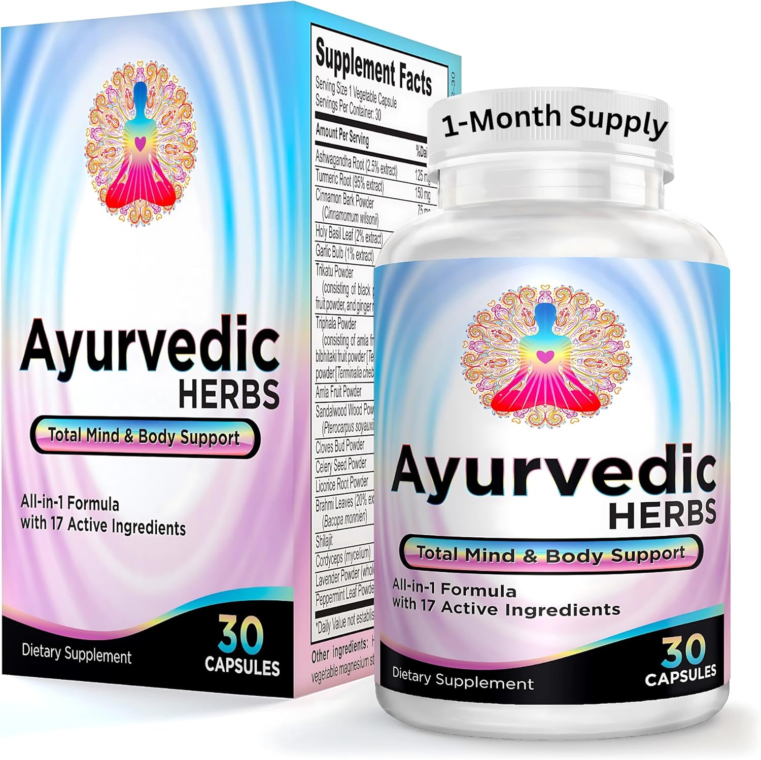 AYURVEDIC Herbs (All-in-1) Supplement Blend | Ayurveda Mind Body Spirit Herbal Complex with 17 Active Ingredients | Ayurvedic Supplements | 30-Day Supply | 30 Capsules