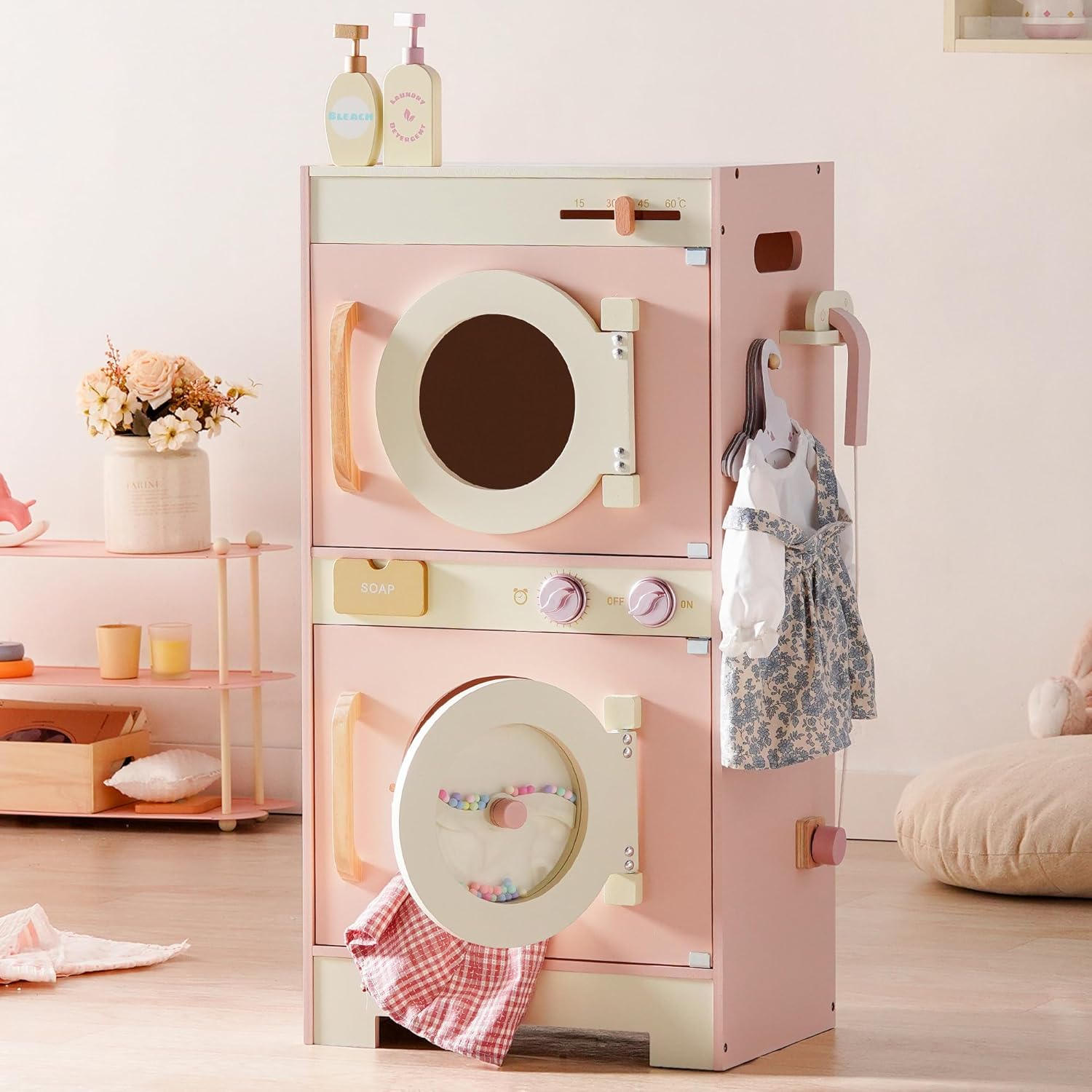 ROBOTIME Kids Washer and Dryer Playset – Wooden Laundry Pretend Play Set with Ironing, Color Beads Drum, Toy Washing Machine & Dryer Set for Toddlers Ages 3+, Gift for Boys and Girls