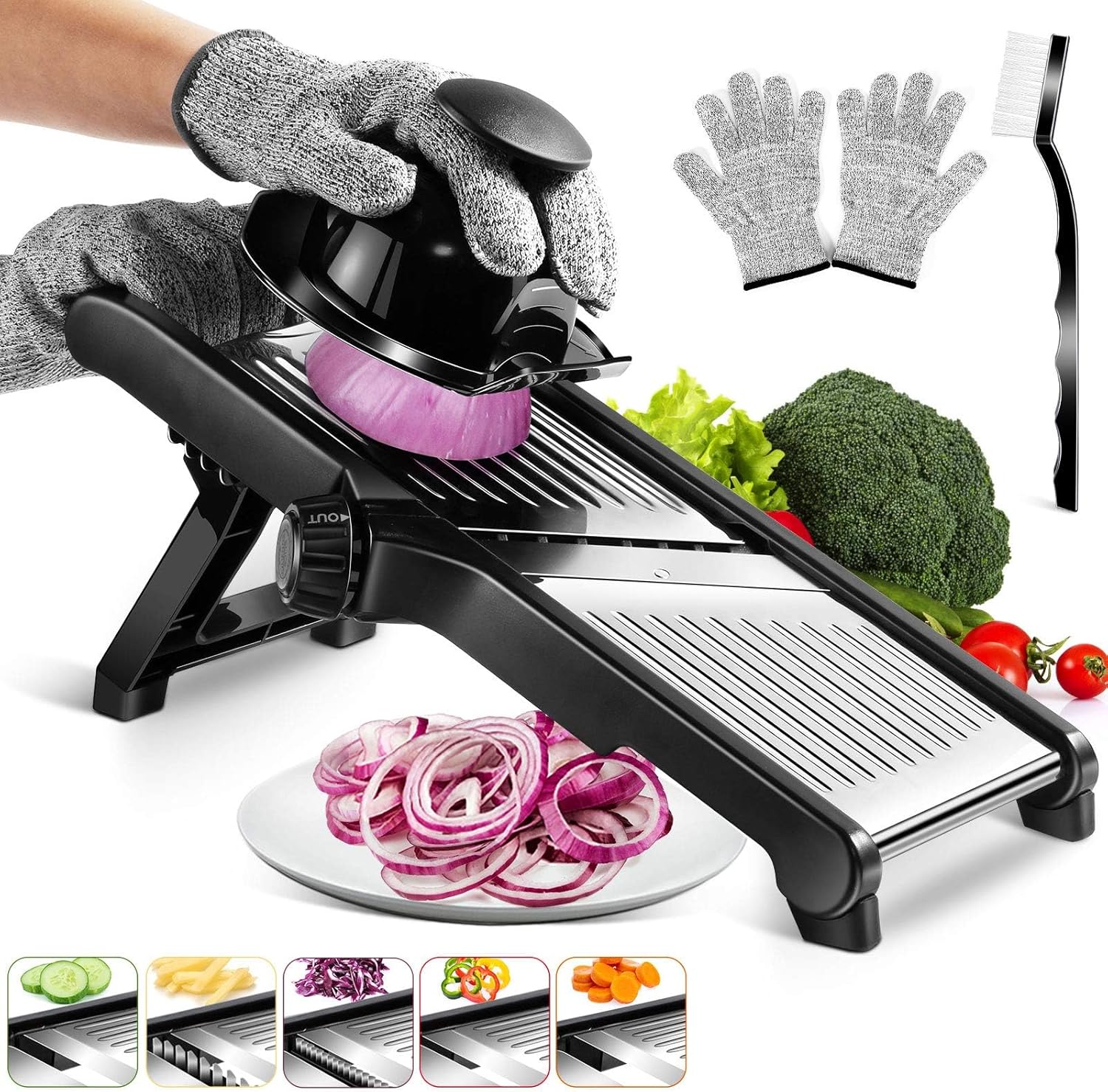 MASTERTOP Mandoline Food Slicer, 3 in 1 Stainless Steel Mandoline Vegetable Slicer, Adjustable Mandolin Slicers for Potato, Onion, Cucumber, Vegetable Chopper with Cut Proof Gloves and Cleaning Brush