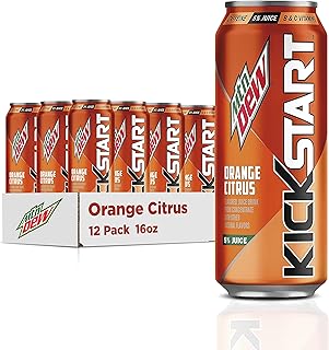 Mountain Dew Kickstart, Orange Citrus, 92mg Caffeine, Vitamins B & C, 80 Calories, 5% Juice, 16 Fl Oz (Pack of 12)