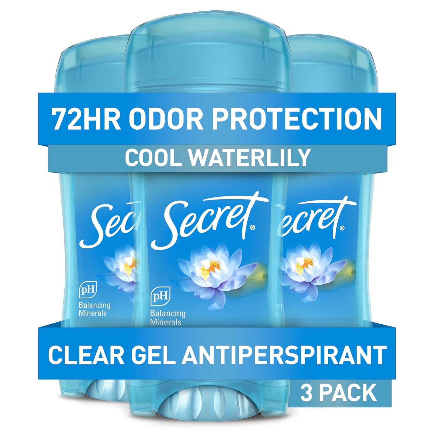 Secret Fresh Antiperspirant Deodorant for Women, 72hr Breathable Sweat & Odor Protection, Instant Freshness & Gentle, PH Balancing Minerals, Clear Gel, Waterlily Scent, 2.6 oz (Pack of 3)