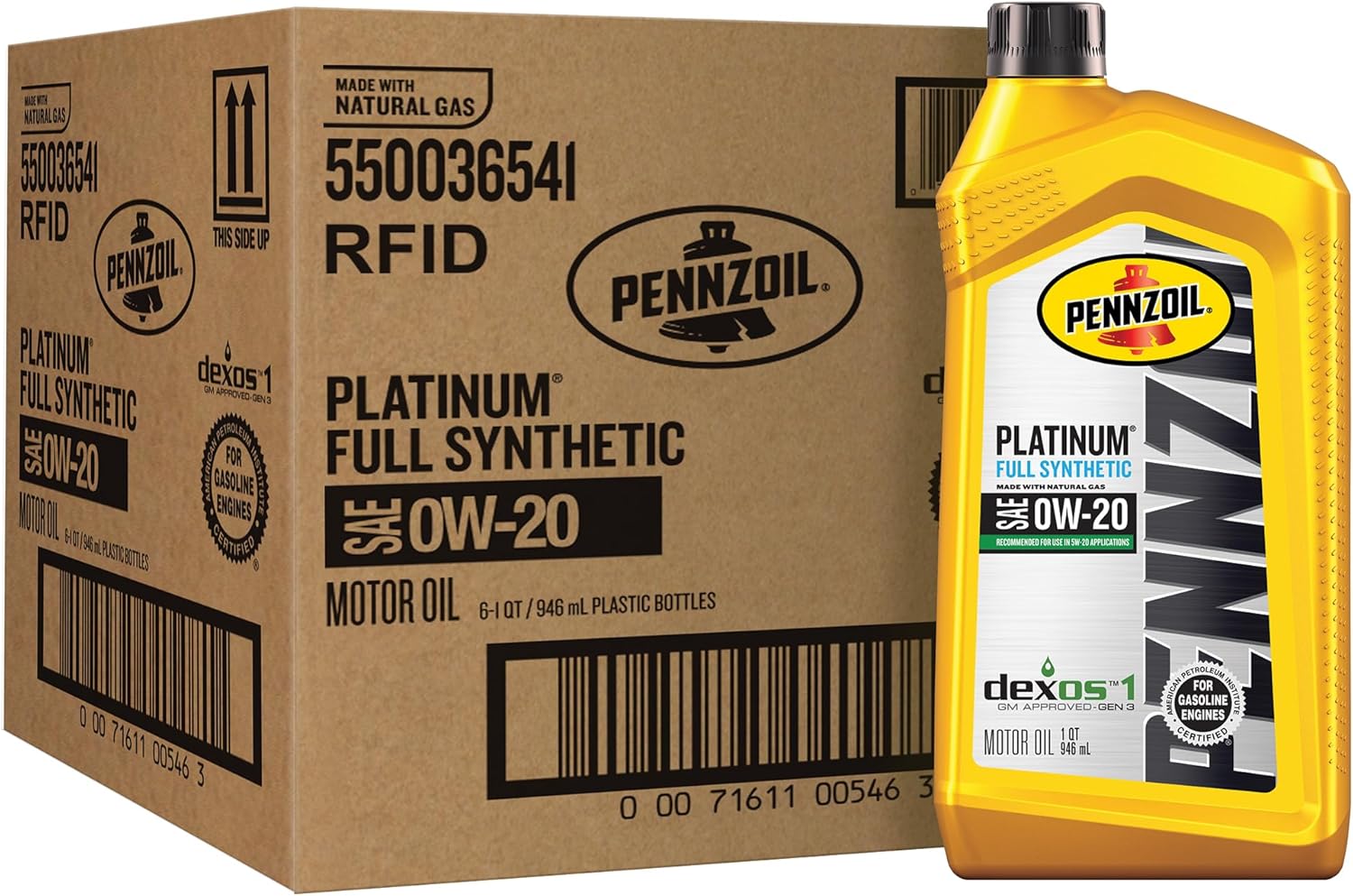 Pennzoil Platinum Full Synthetic 0W-20 Motor Oil, 1 Quart (6 Pack)