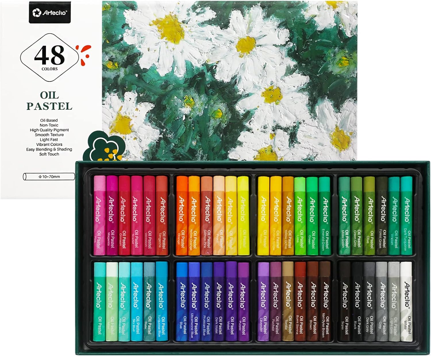 Artecho Oil Pastels Set of 48 Colors, Soft Oil Pastels for Art Painting, Drawing, Blending, Oil Crayons Pastels Art Supplies for Artists, Beginners, Students, Teachers