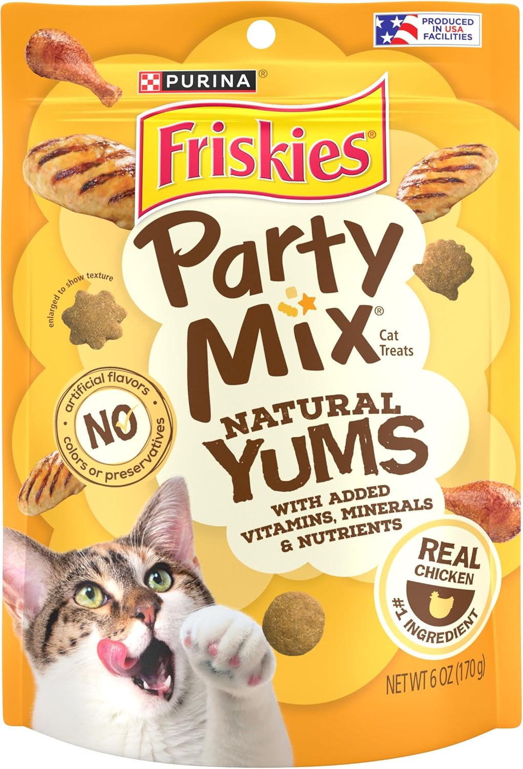 Purina Friskies Natural Cat Treats, Party Mix Natural Yums With Real Chicken & Vitamins, Minerals & Nutrients - (Pack of 6) 6 oz. Pouches