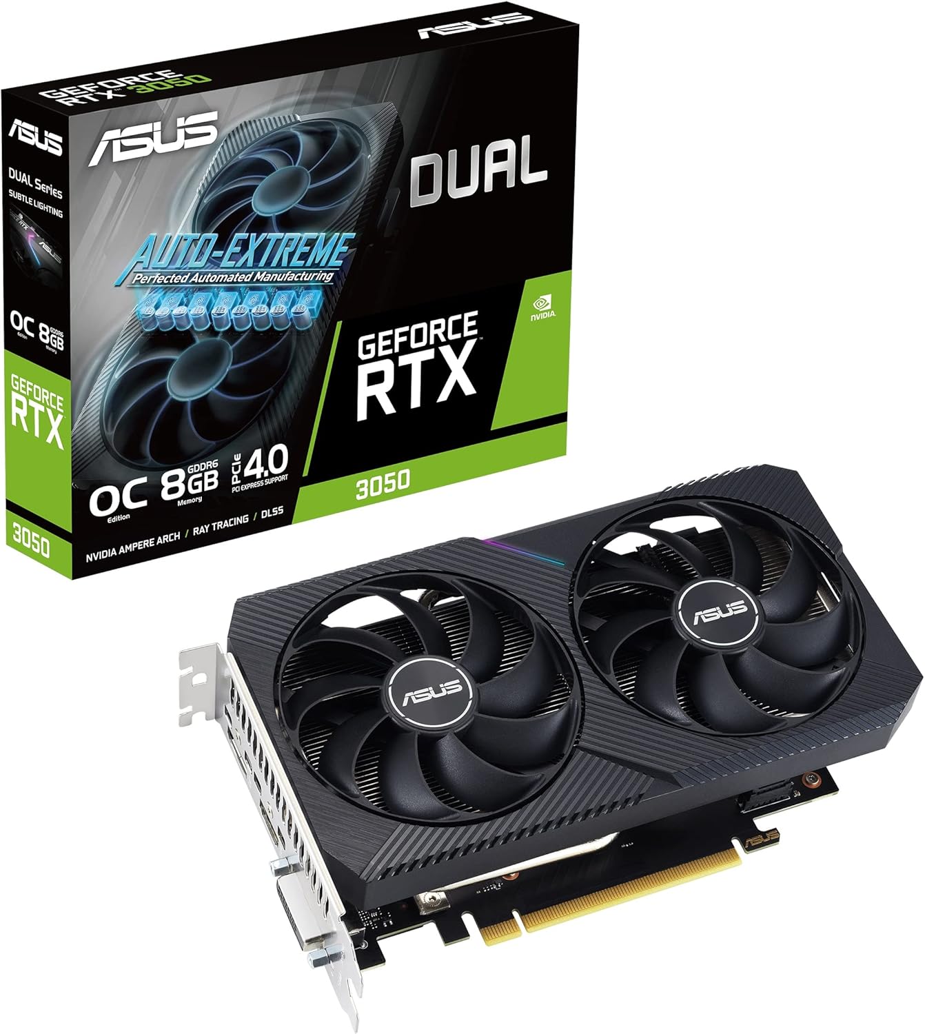 ASUS Dual NVIDIA GeForce RTX 3050 OC Edition Gaming Graphics Card (PCIe 4.0, 8GB GDDR6 memory, HDMI 2.1, DisplayPort 1.4a, 2-slot design, Axial-tech fan design, 0dB technology, and more)