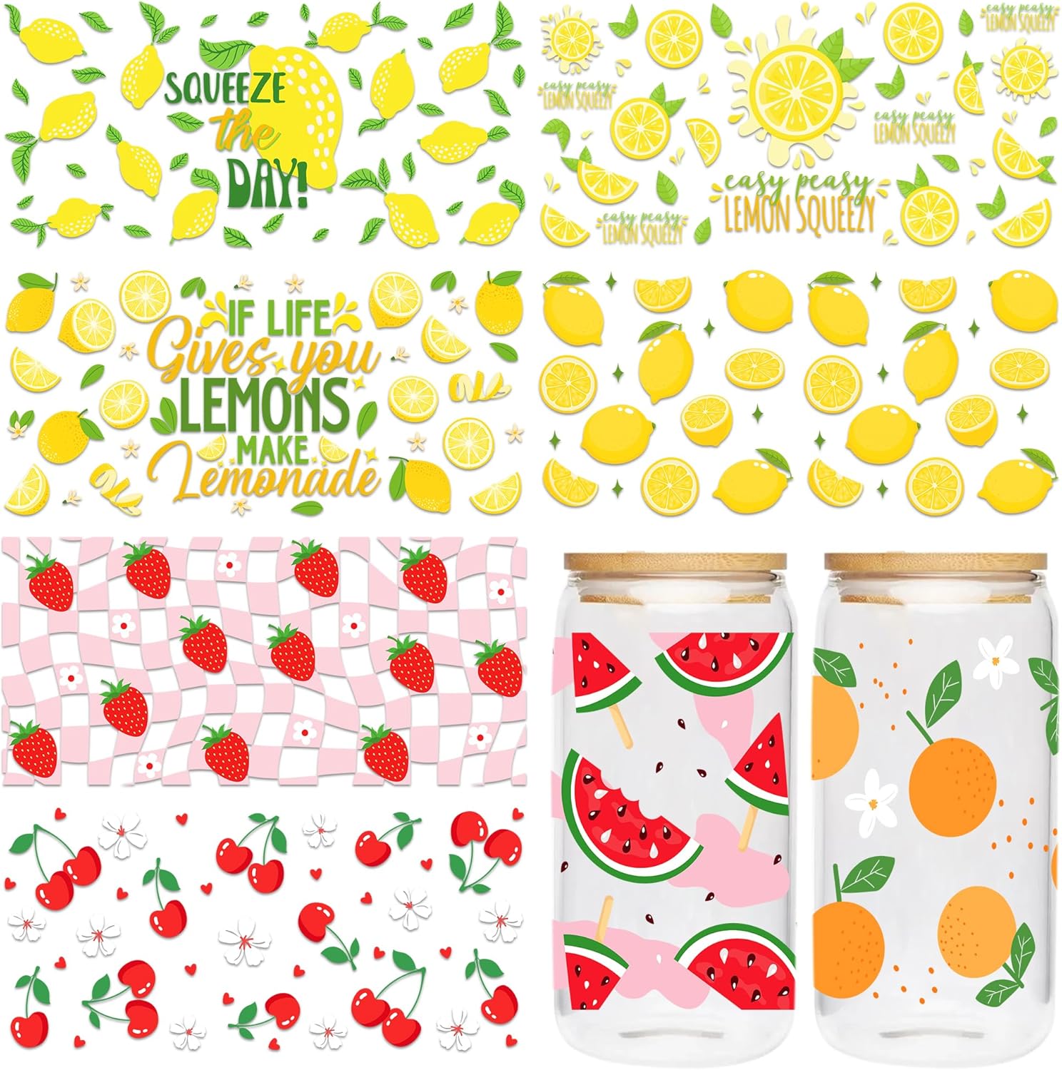 UV DTF Cup Wrap - 8 Sheet Fruit UV DTF Transfer Sticker for 16 OZ Glass, Tumbler, Strawberry, Lemon, Watermelon, Orange Design, DIY Gifts for Friends, Fruit Lover