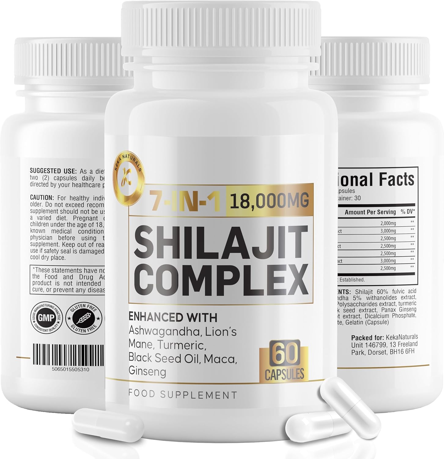 Shilajit 7-in-1 Blend 18,000mg - Ashwagandha, Maca Root, Ginseng, Turmeric, Lion’s Mane, Black Seed Oil - High Strength, 60 Capsules