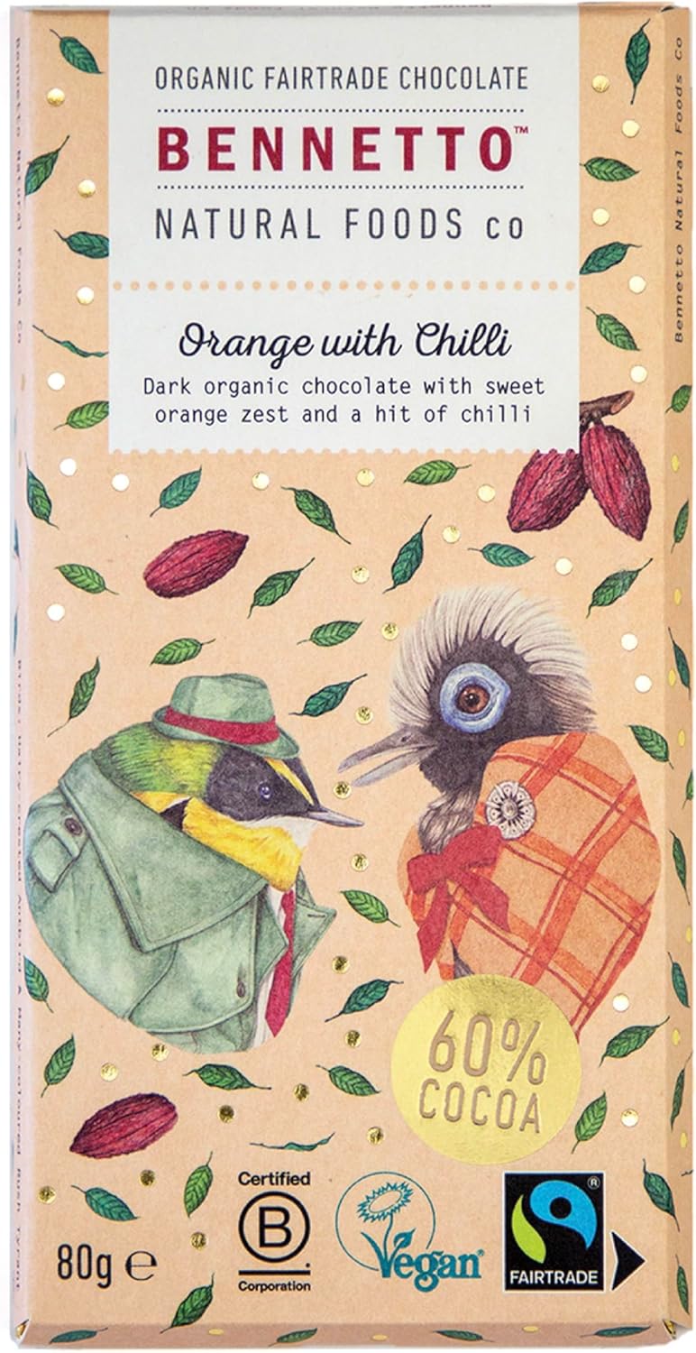 Orange with Chilli Dark chocolate with orange zest and a hint of chilli. 60% cocoa. Certified organic, Fairtrade, and net climate positive. Beautiful gifts for everyone.