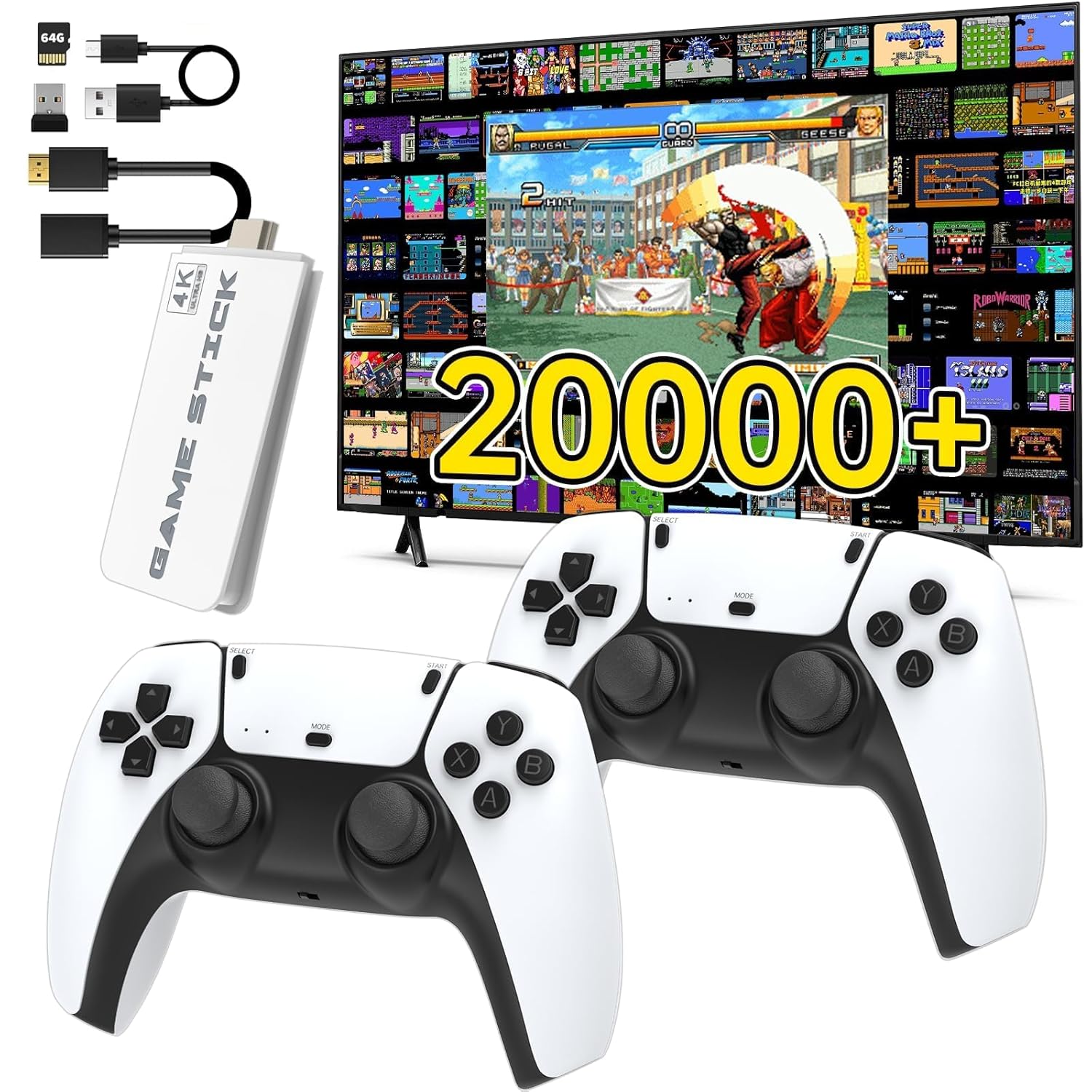 Wireless Retro Game Console, Retro Game Stick with Built-in 23 Emulators, 64GB,20,000+ Games, 4k Hdmi Output, and 2.4GHz Wireless Controller, Plug and Retro Play Video Games for TV（White），Two