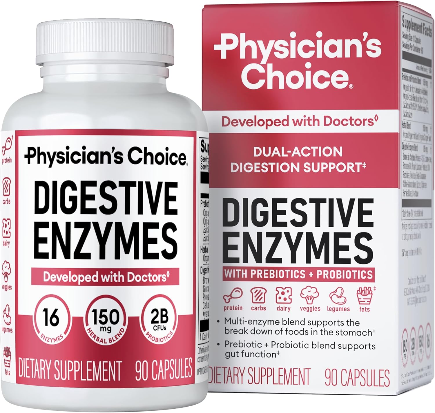 Physician's CHOICE Digestive Enzymes - Multi Enzymes, Organic Prebiotics & Probiotics for Digestive Health & Gut Health - Meal Time Discomfort Relief & Bloating - Dual Action Approach - 90 CT
