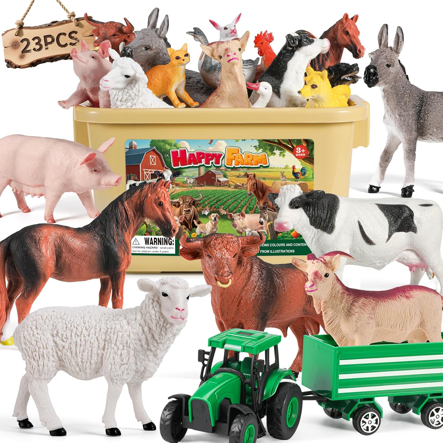FRUSE Farm Animals Toys Sets,23PCS Animal Toys with Realistic Plastic Animal Figures,Tractor Toy,Hay Bales and Fence,Educational Learning Farm Toy for Toddlers Kids 3 4 5 Years Olds
