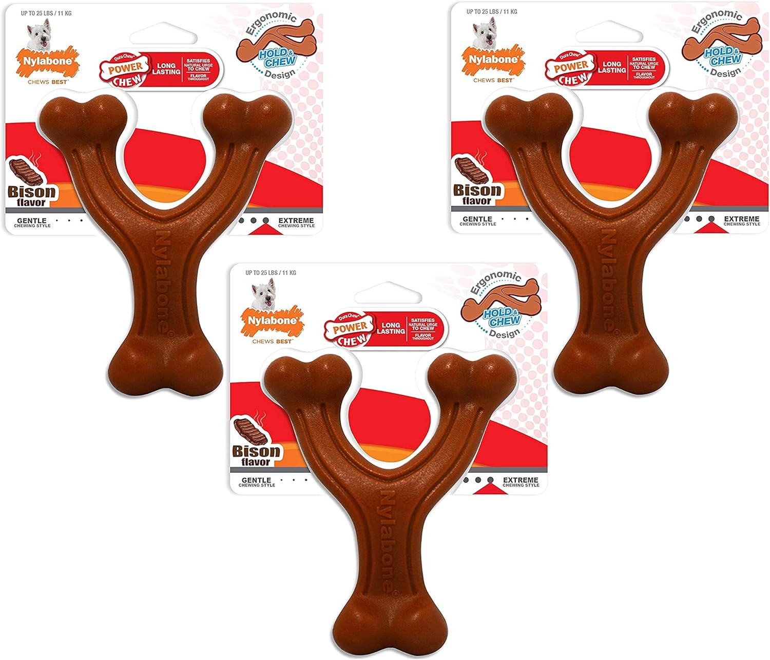 Nylabone 3 Pack of Power Chew Wishbone Chew Dog Toys, Regular, Bison Flavor