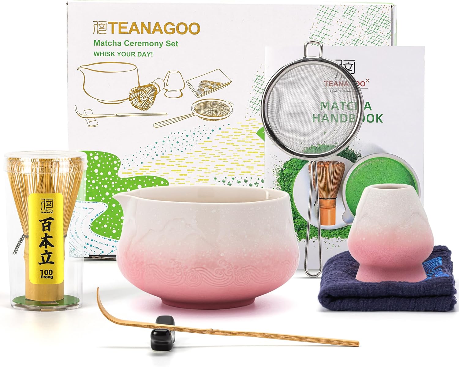TEANAGOO 7 Pcs Matcha Set, Pink Matcha Kit, Ceremony Matcha Powder Kit,Matcha Tea Set for Making Latte,Matcha Whisk and Bowl with Scoop&Sifter,Fuji Design Ceramic Bowl,Gift for Matcha Lovers